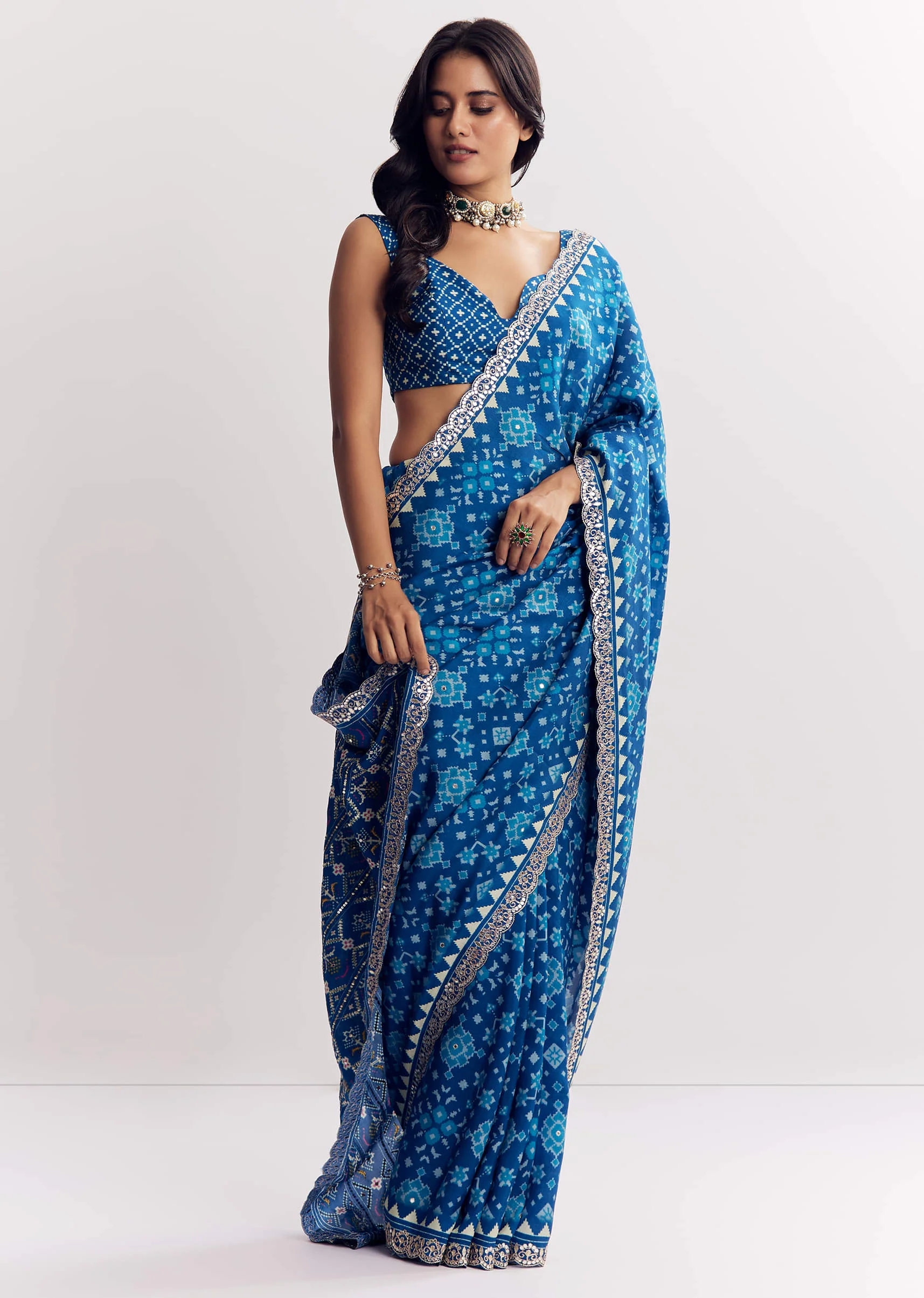 Blue Satin Ikat Printed Saree With Gota And Mirror Embroidery - Image 3