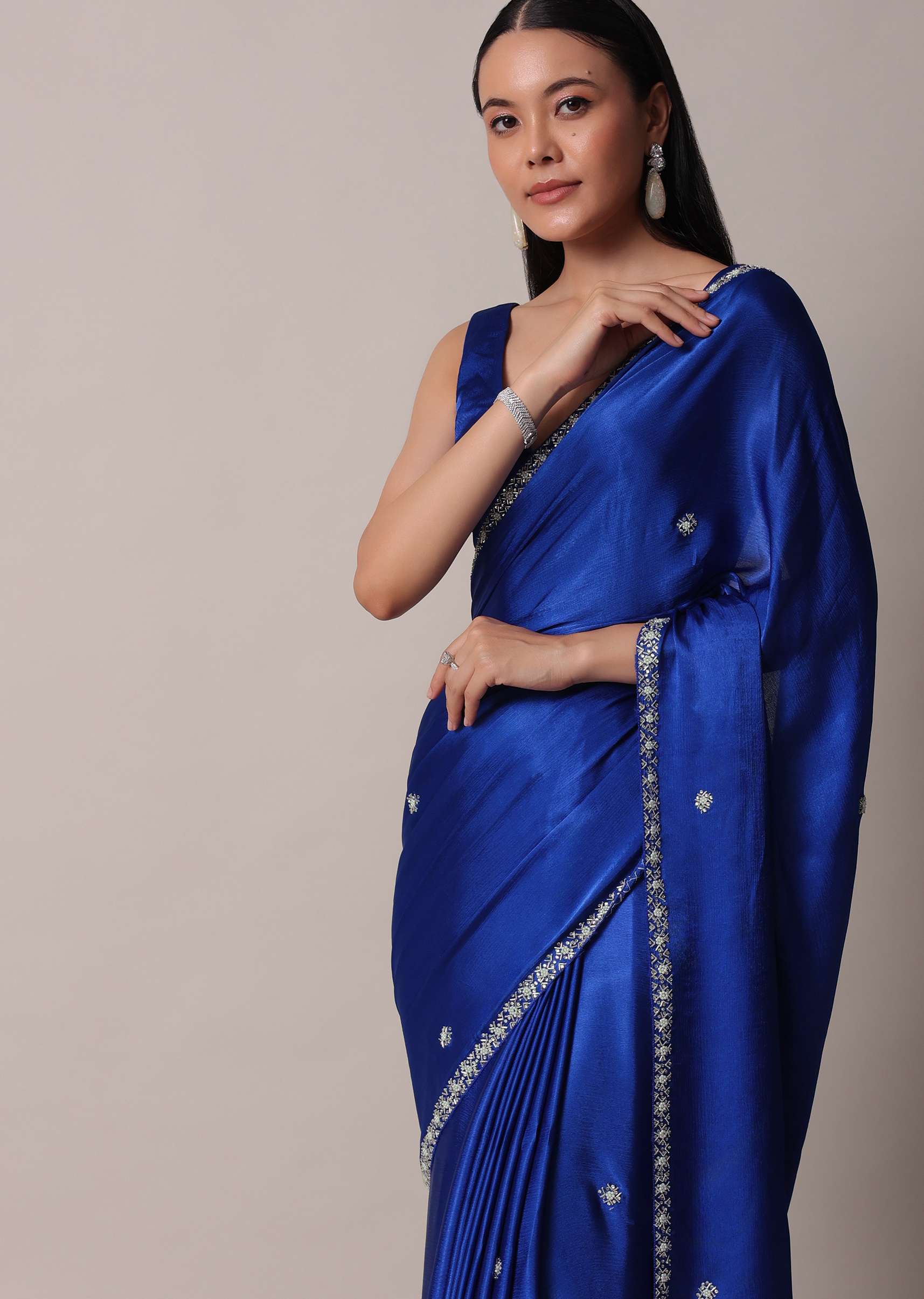 Blue Satin Saree With Stone Embellished Border And Unstitched Blouse Piece - Image 2