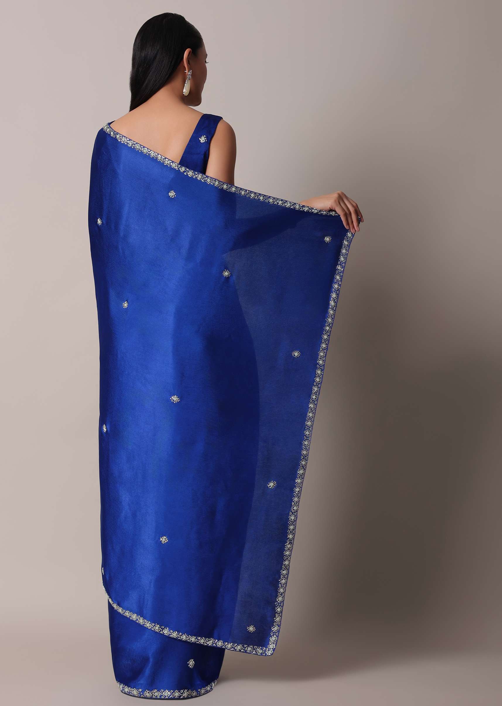 Blue Satin Saree With Stone Embellished Border And Unstitched Blouse Piece - Image 6
