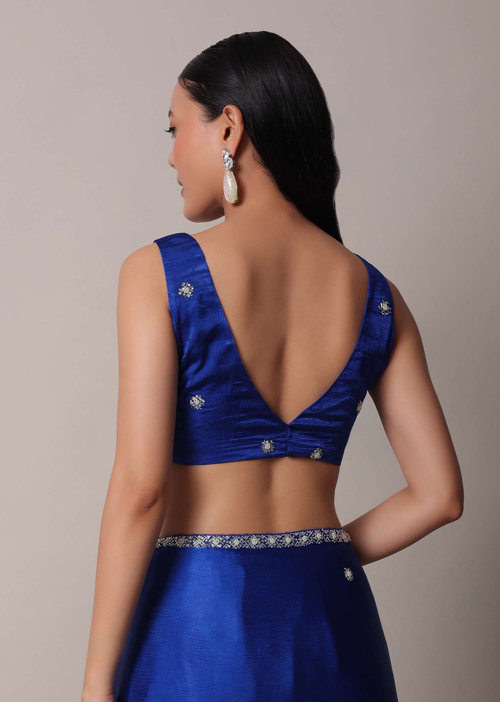 Blue Satin Saree With Stone Embellished Border And Unstitched Blouse Piece - Image 8