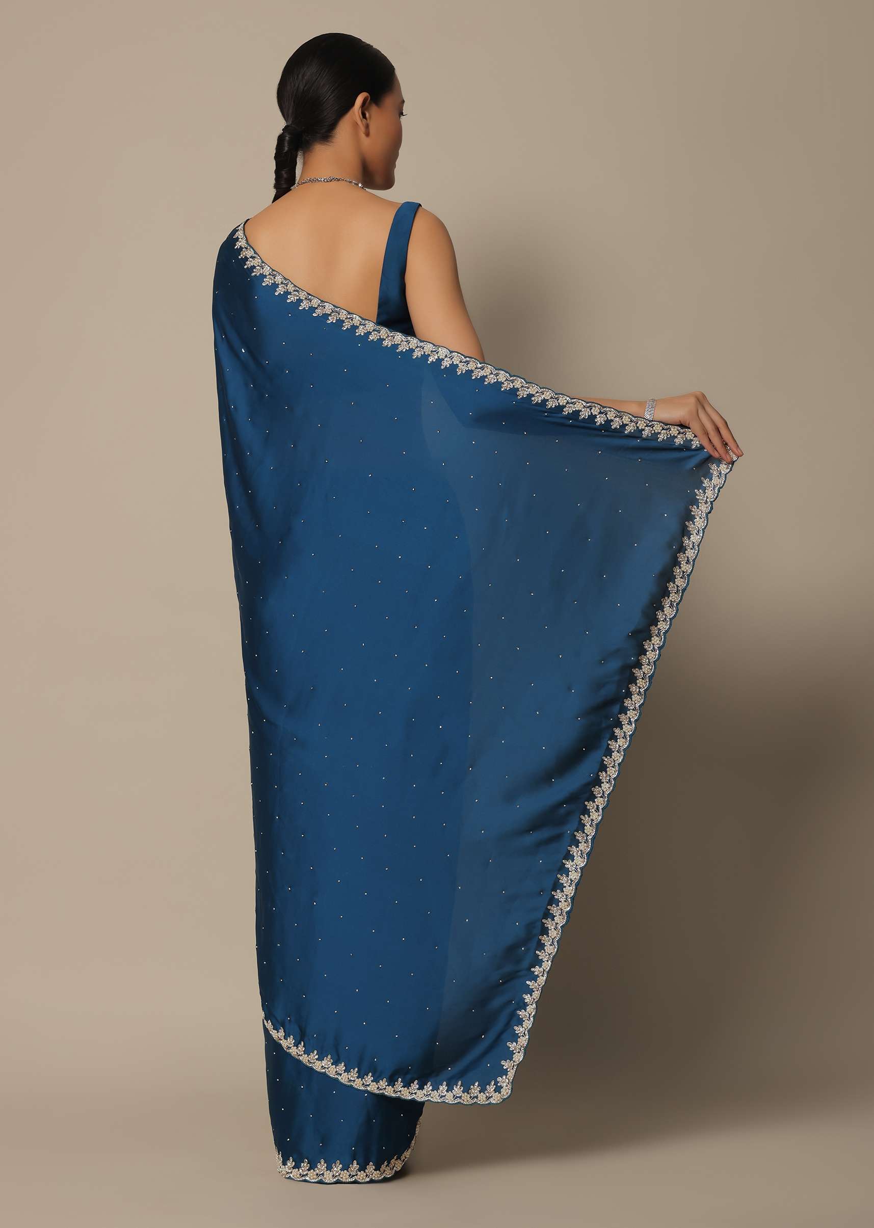 Blue Satin Saree With Stone Studded Border And Unstitched Blouse Piece - Image 6
