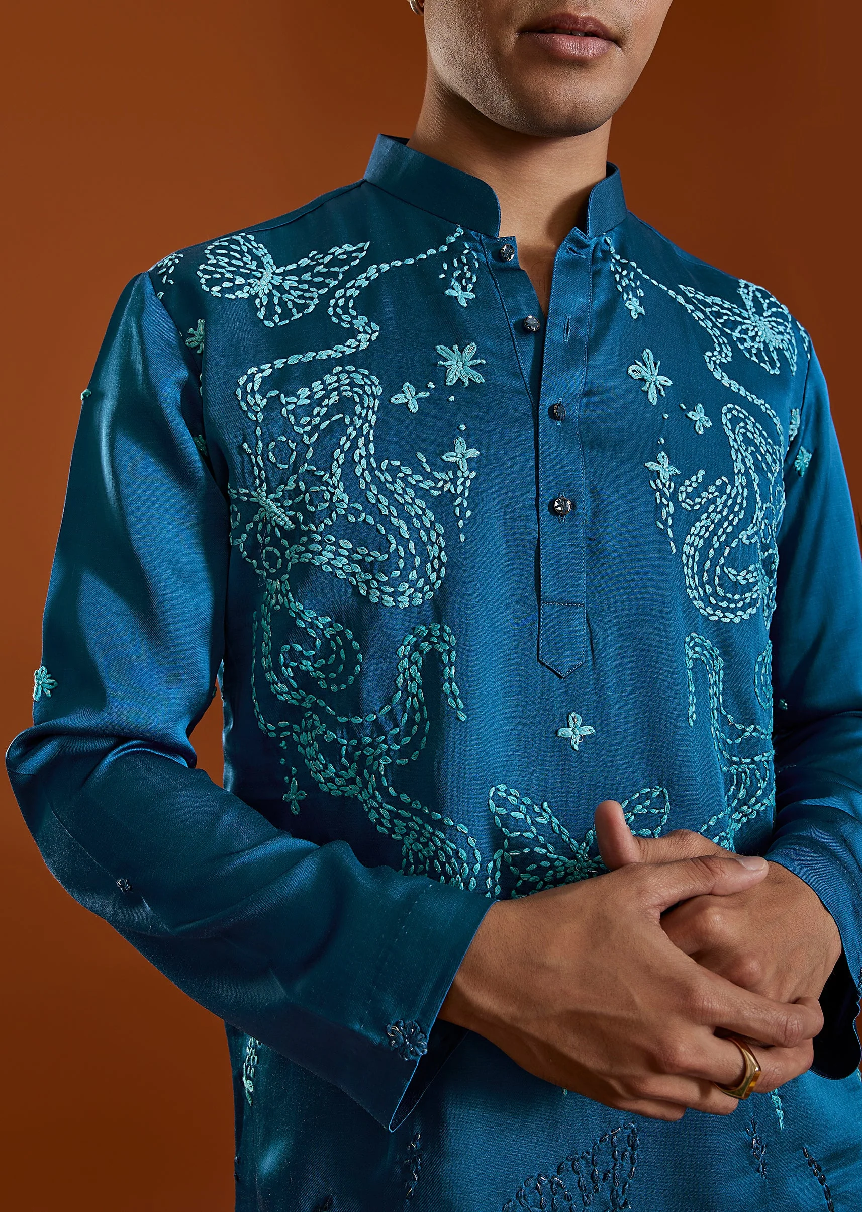 Blue Satin Silk Kurta Set With Hand Dyed Bandhani Dupatta - Image 2