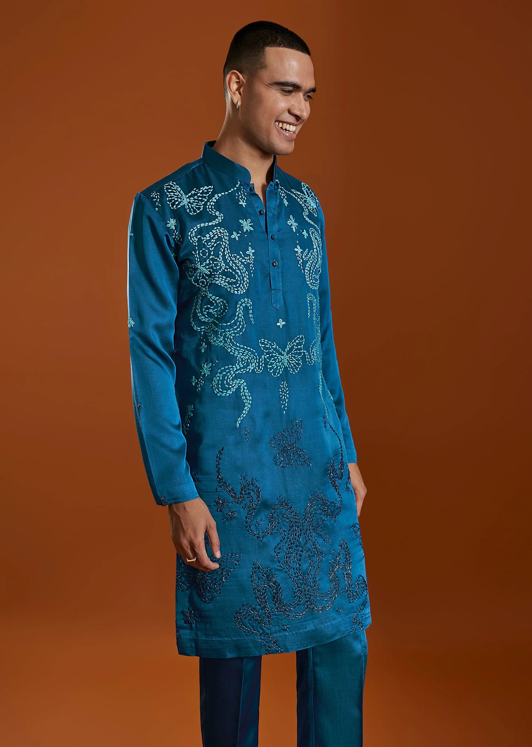 Blue Satin Silk Kurta Set With Hand Dyed Bandhani Dupatta - Image 5