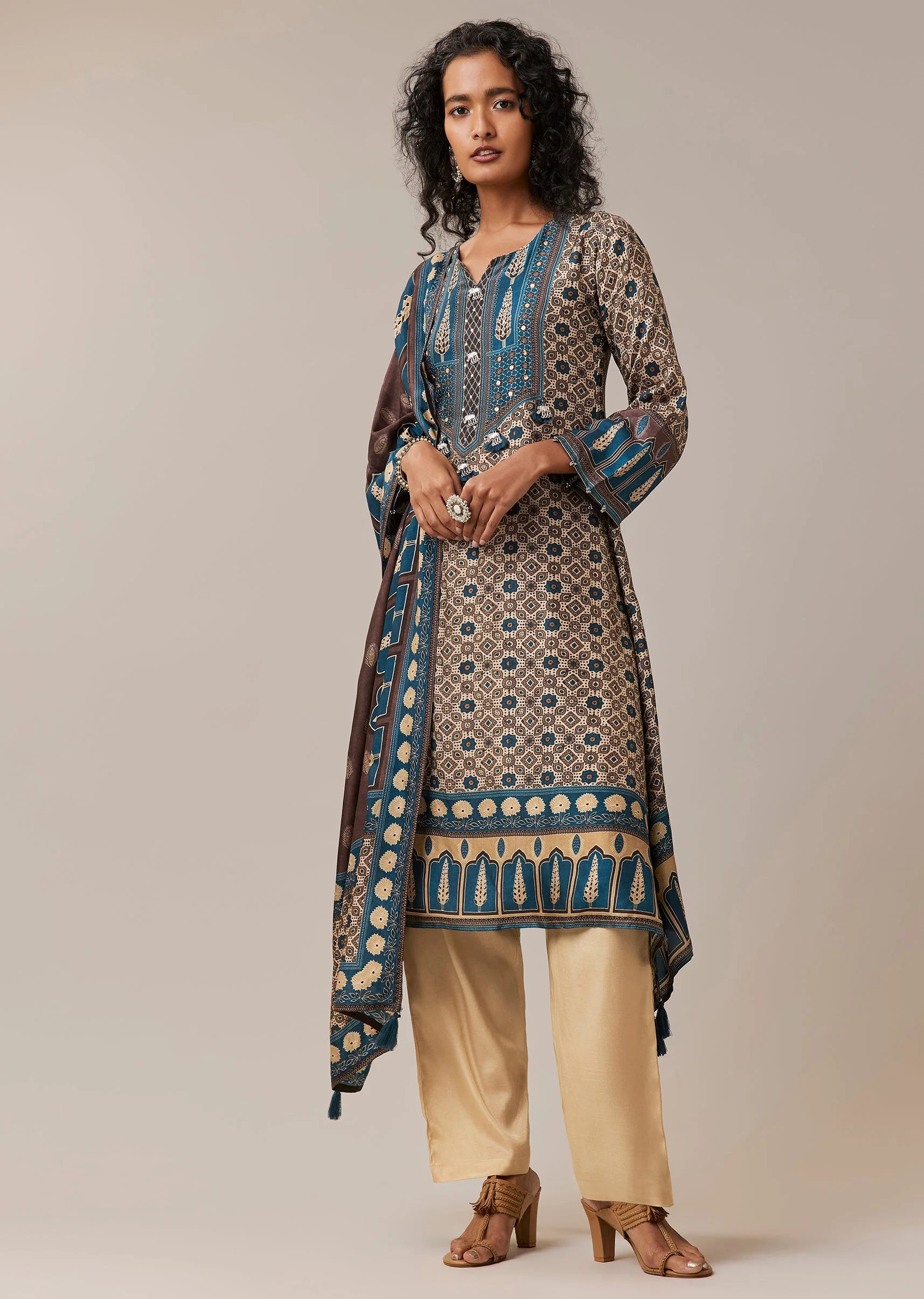 Blue Sequins Indie Print Asymmetric Silk Kurta Set