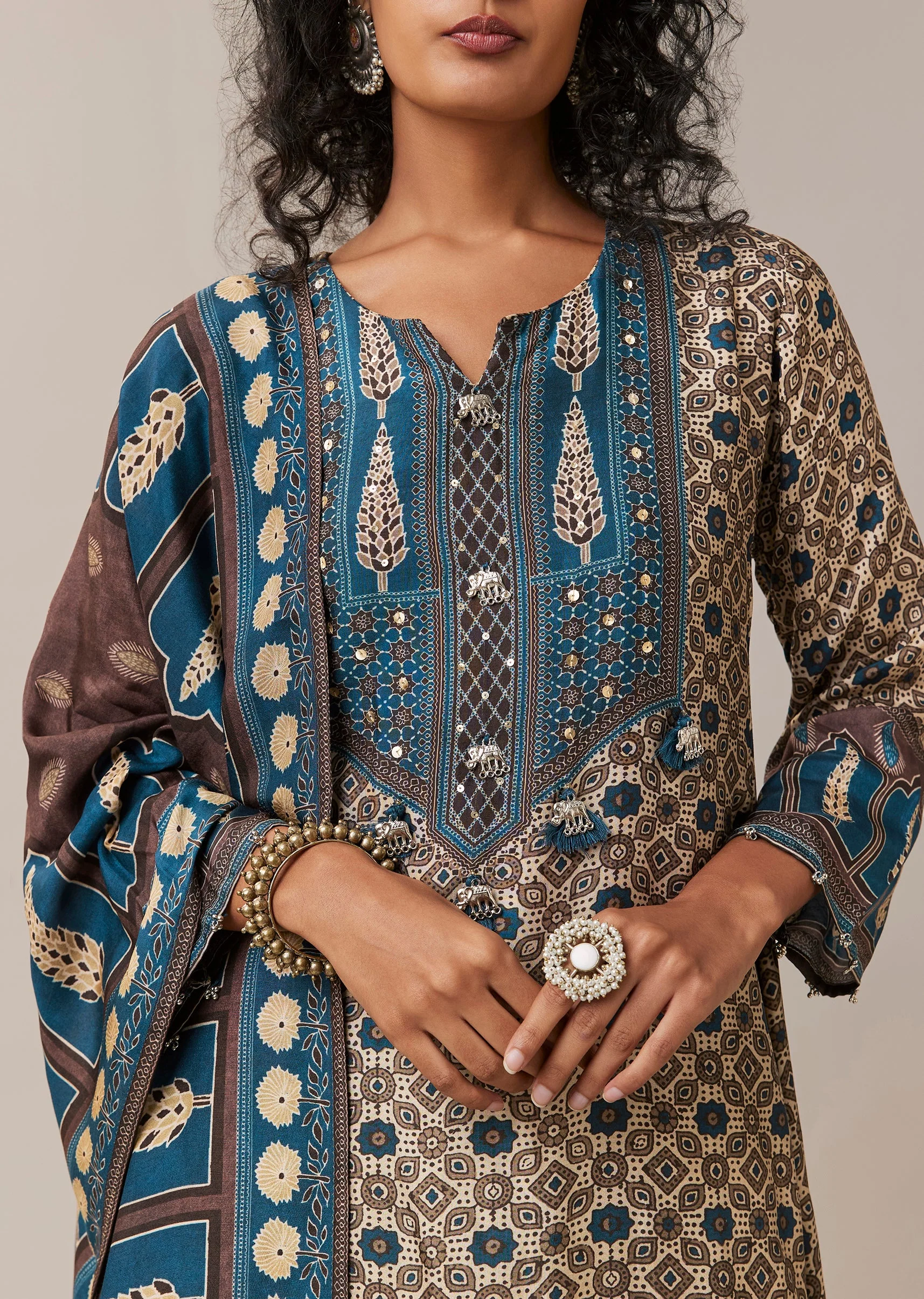 Blue Sequins Indie Print Asymmetric Silk Kurta Set - Image 2