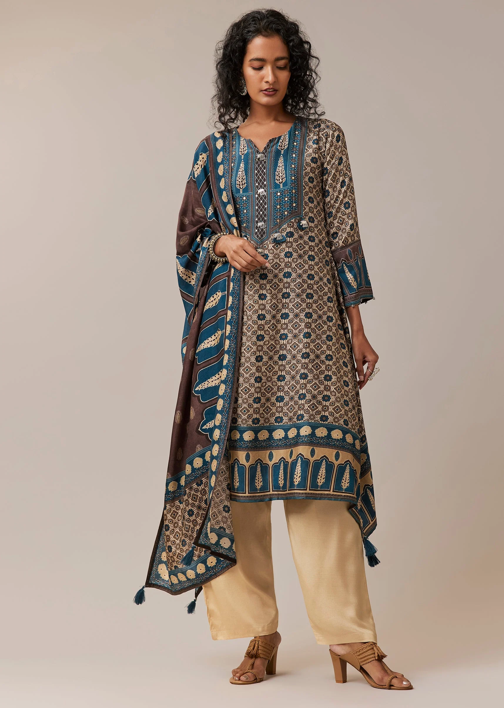 Blue Sequins Indie Print Asymmetric Silk Kurta Set - Image 3