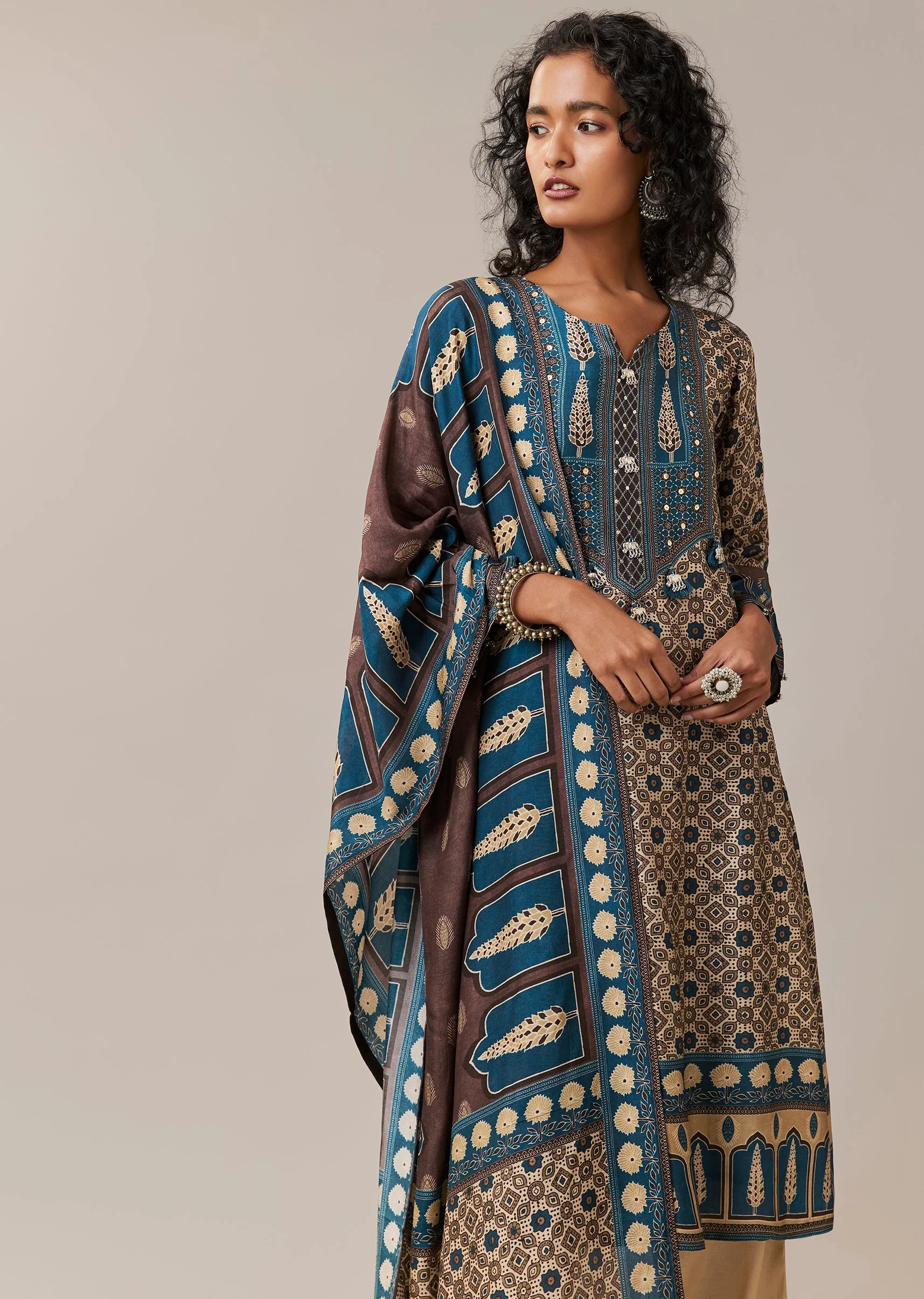 Blue Sequins Indie Print Asymmetric Silk Kurta Set - Image 4