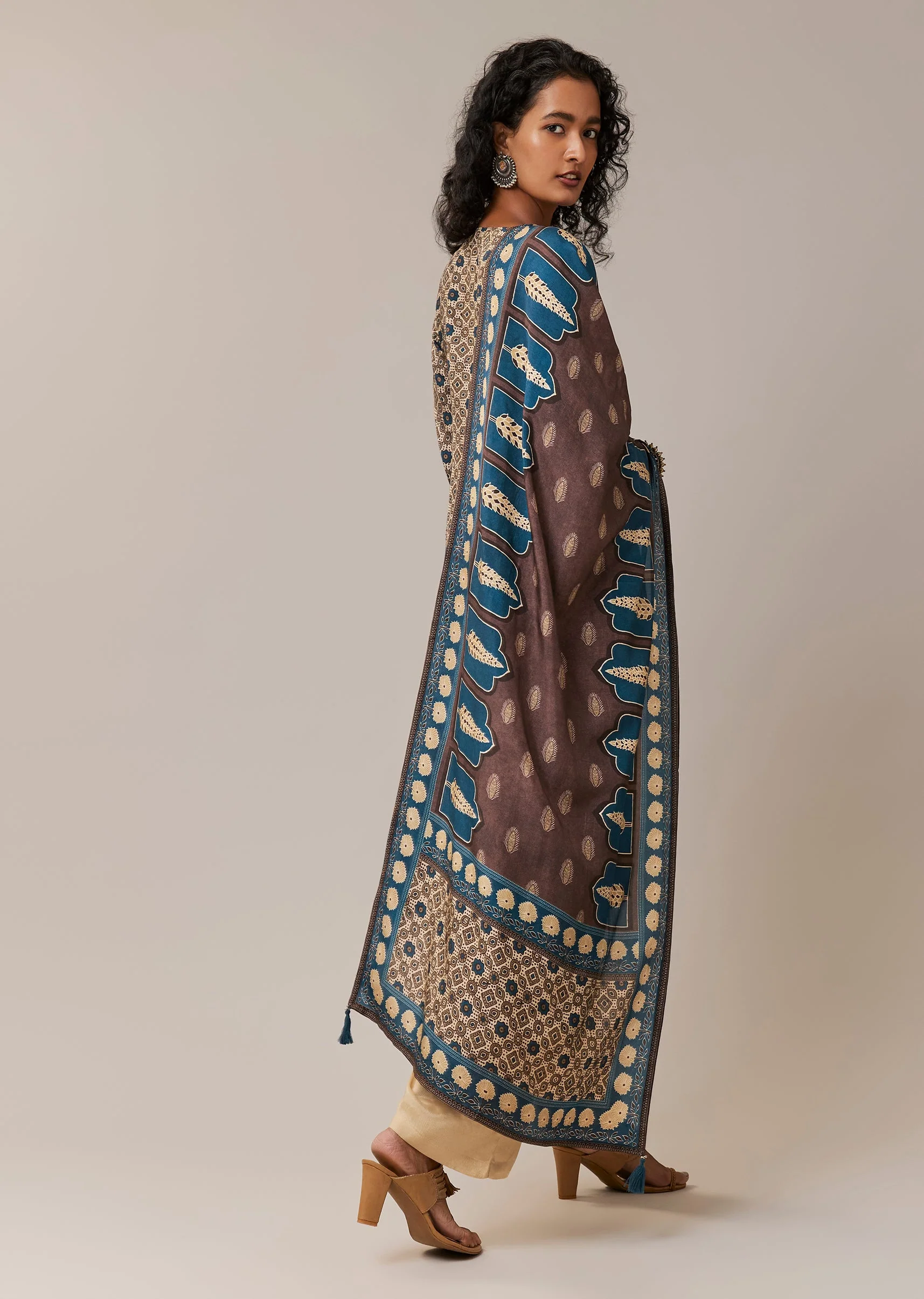 Blue Sequins Indie Print Asymmetric Silk Kurta Set - Image 5
