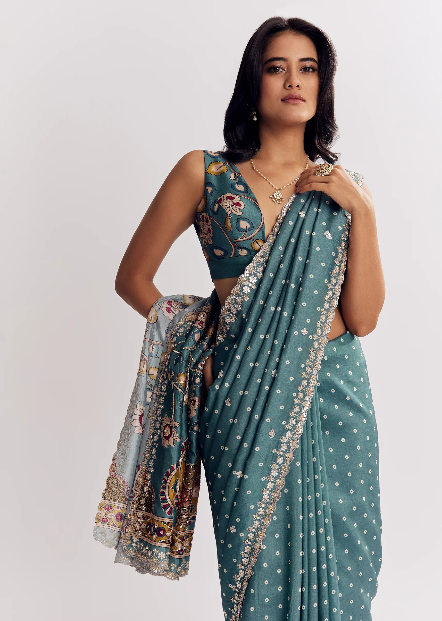 Blue Shaded Muslin Printed Saree With Mirror Gota Zari And Sequins - Image 4