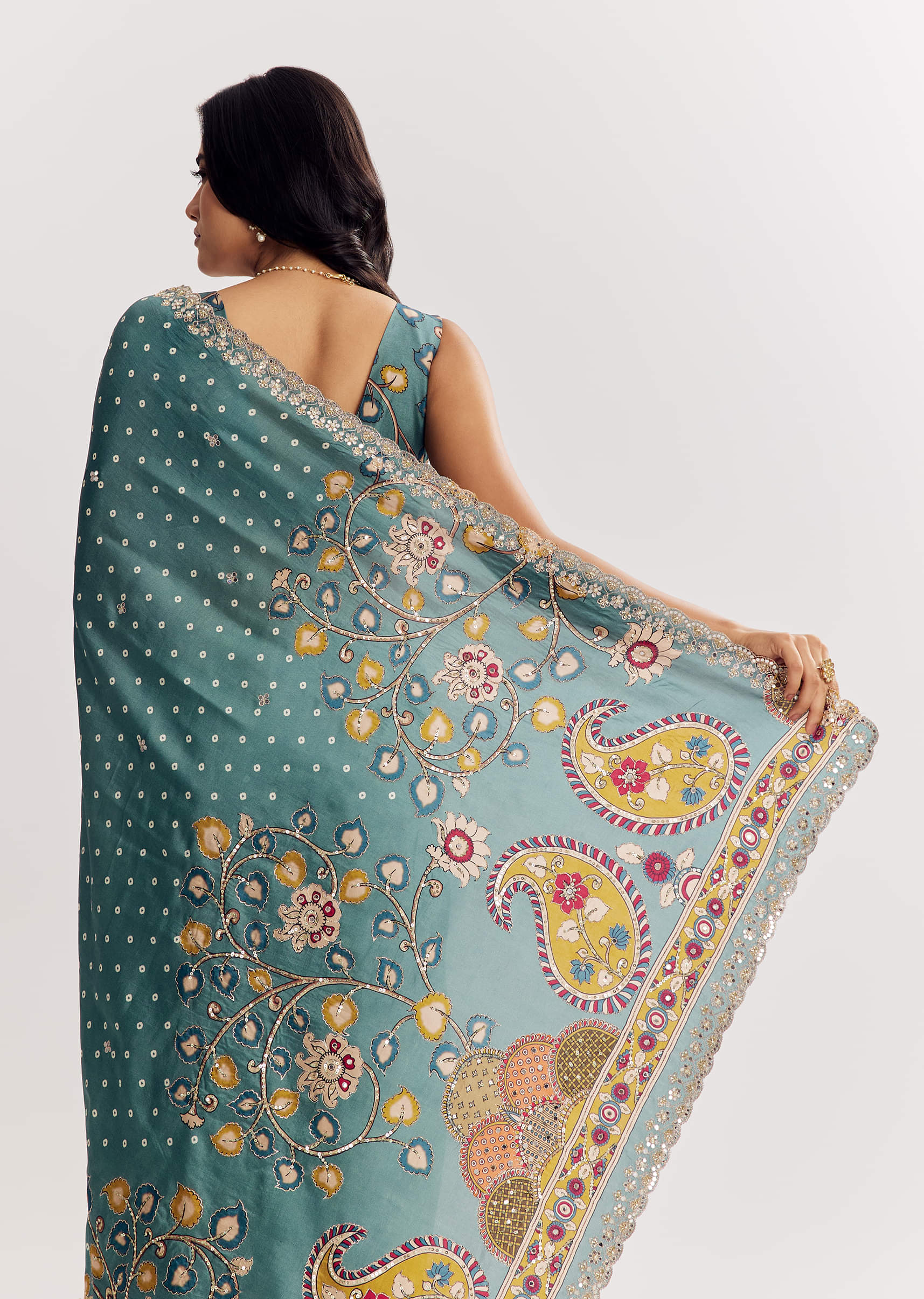 Blue Shaded Muslin Printed Saree With Mirror Gota Zari And Sequins - Image 5