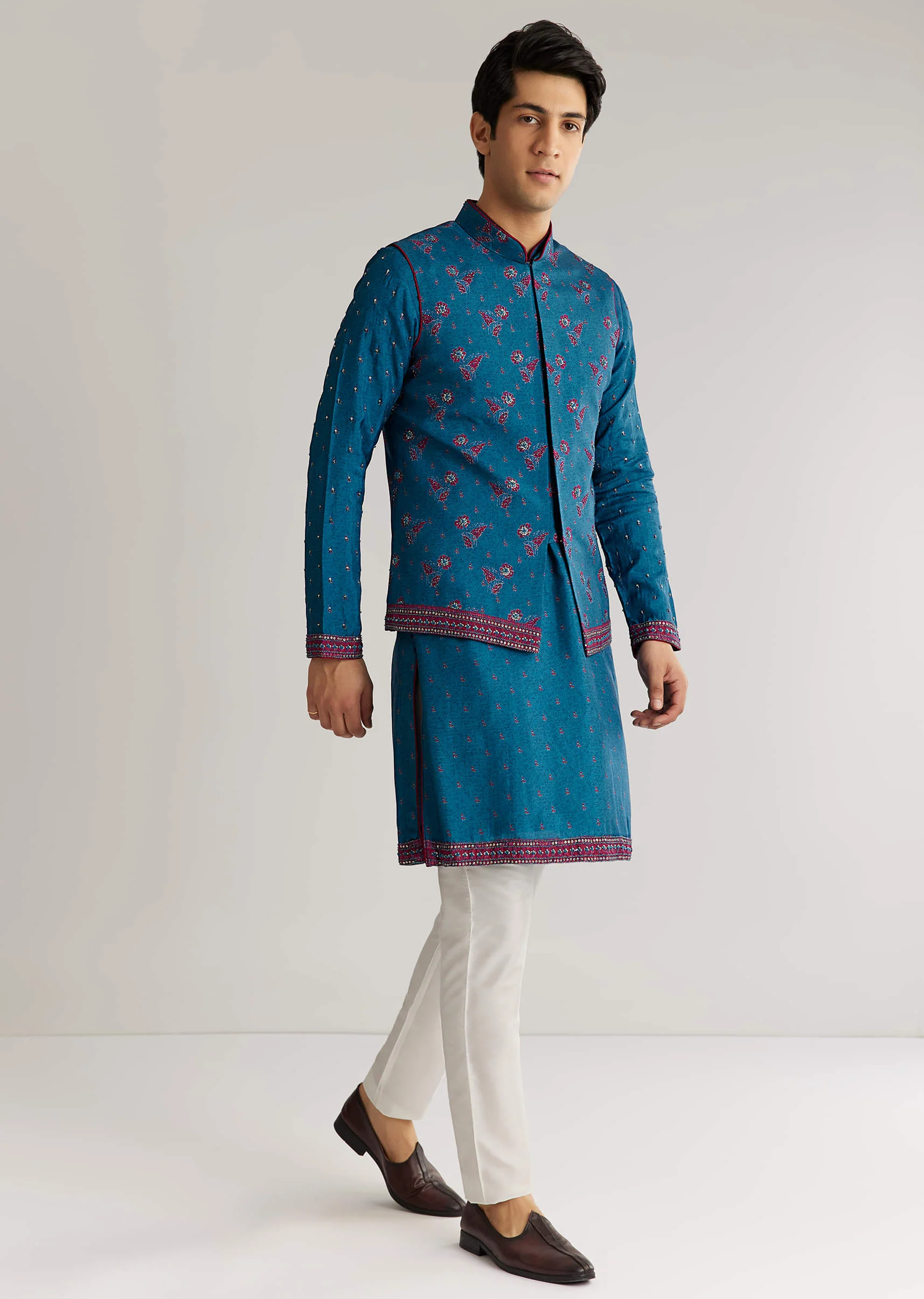 Blue Silk Cutdana Embroidered Kurta Jacket Set - Image 2