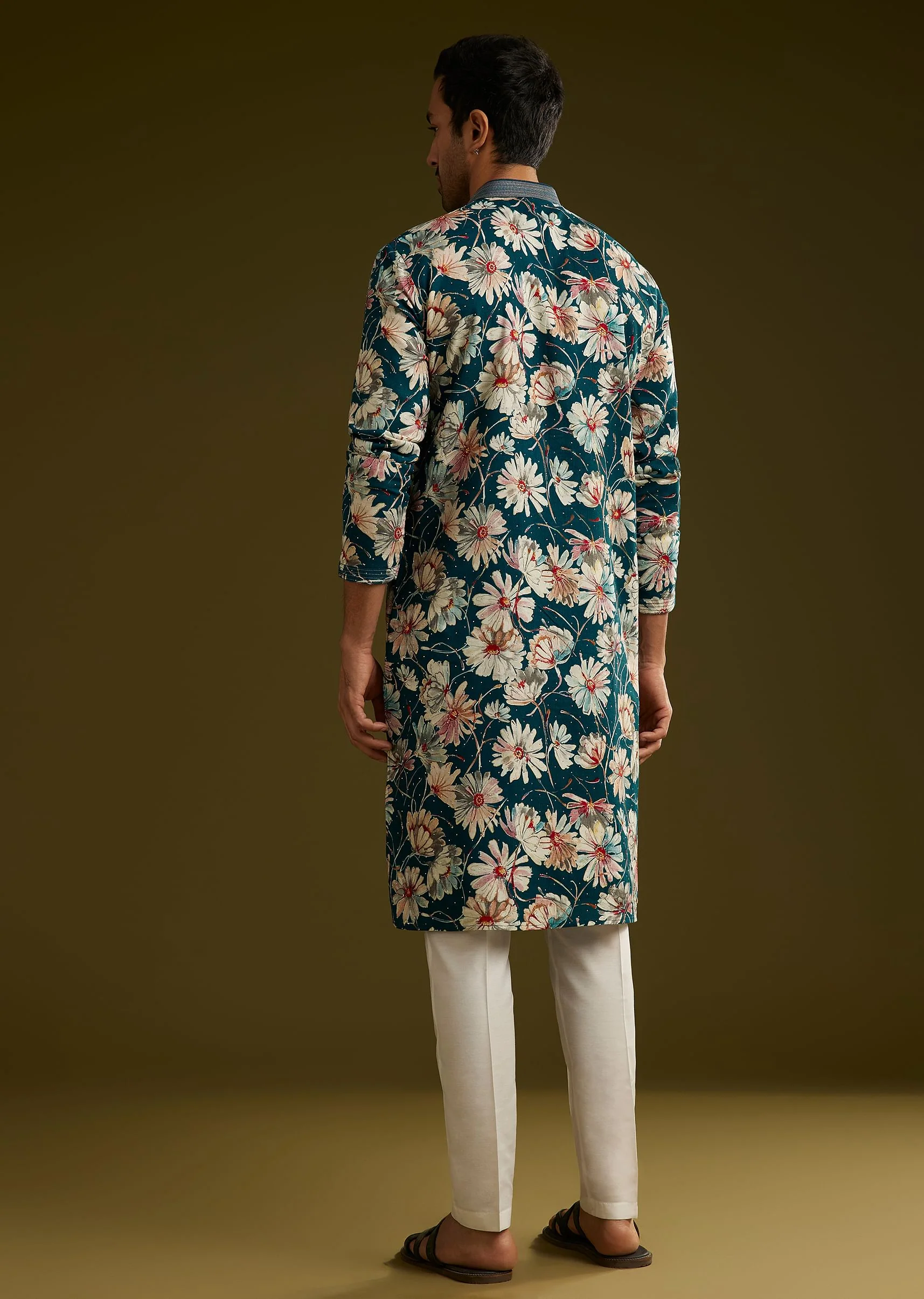 Teal Green Silk Floral Kurta Set With Stone Work - Image 5