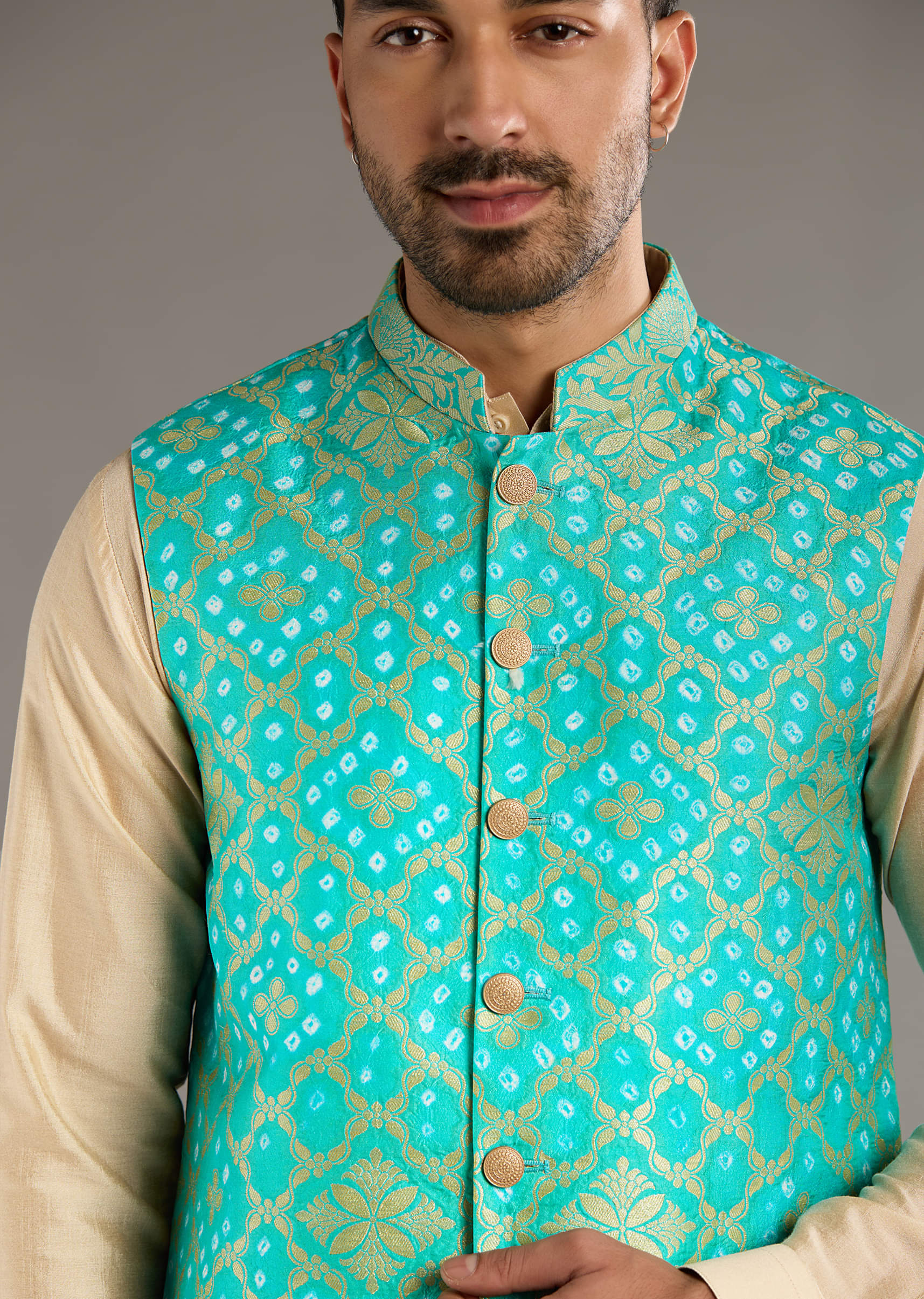 Blue Silk Kurta Jacket Set For Men With Hand Dyed Bandhani Print - Image 2