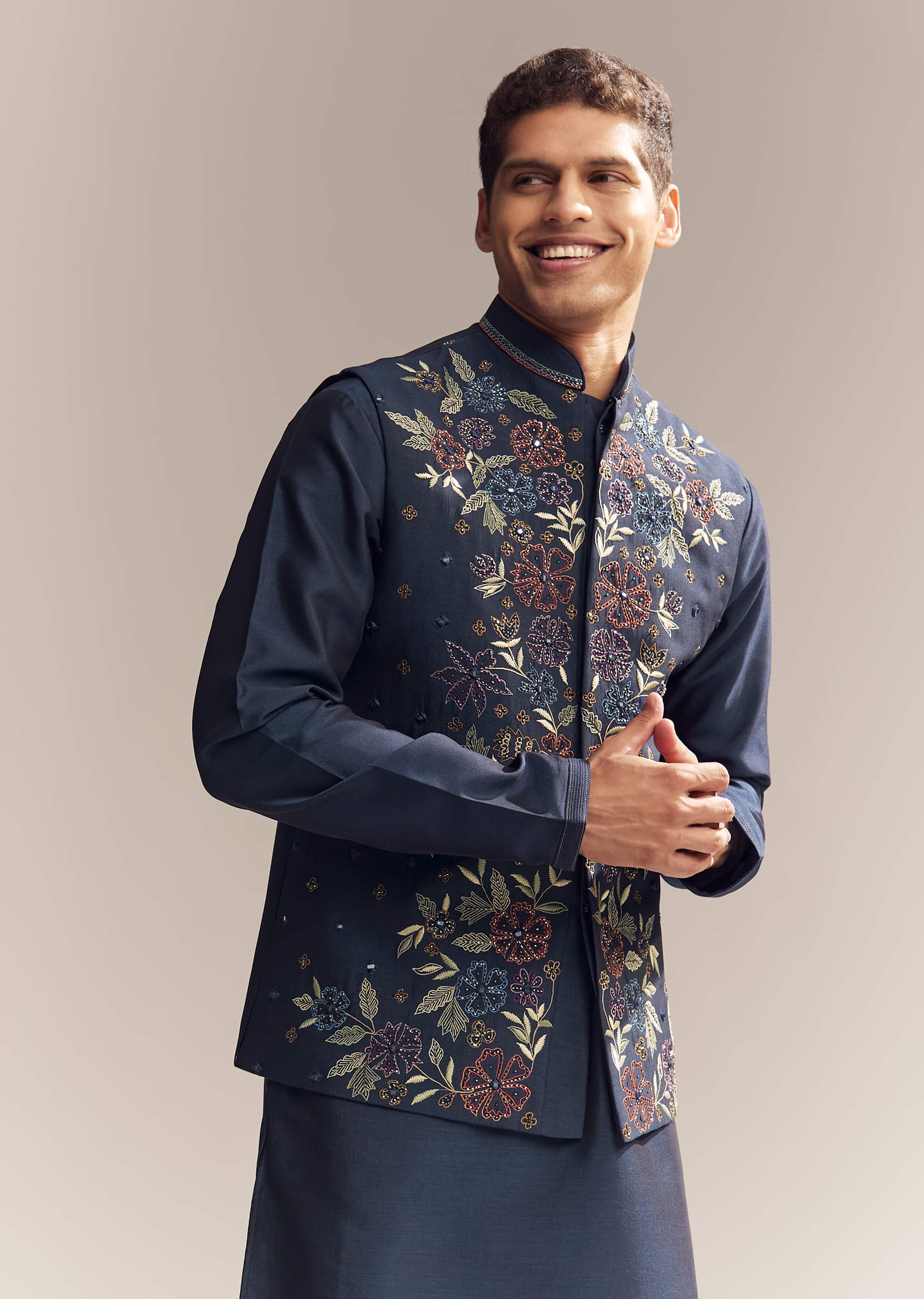 Blue Silk Kurta Jacket Set For Men With Resham Embroidery - Image 4