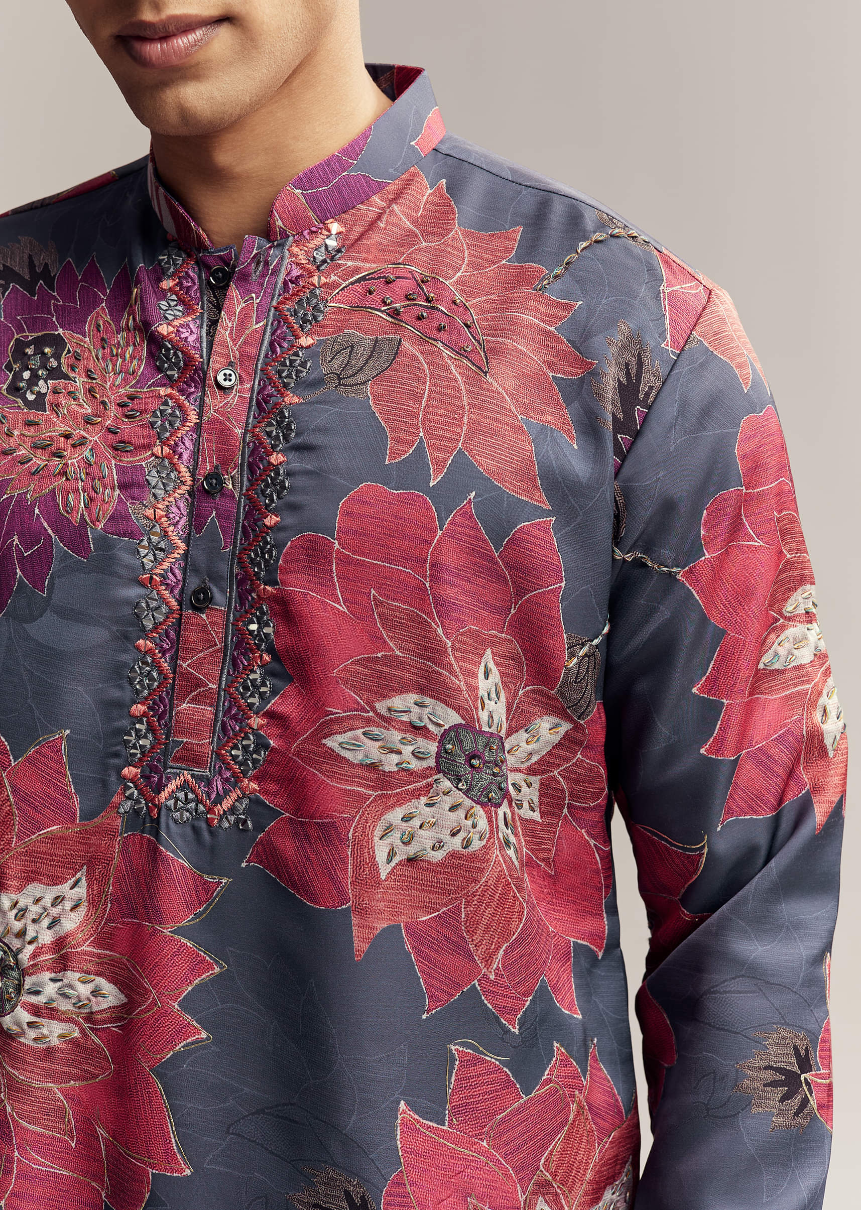 Blue Silk Kurta Set For Men With Floral Print - Image 2