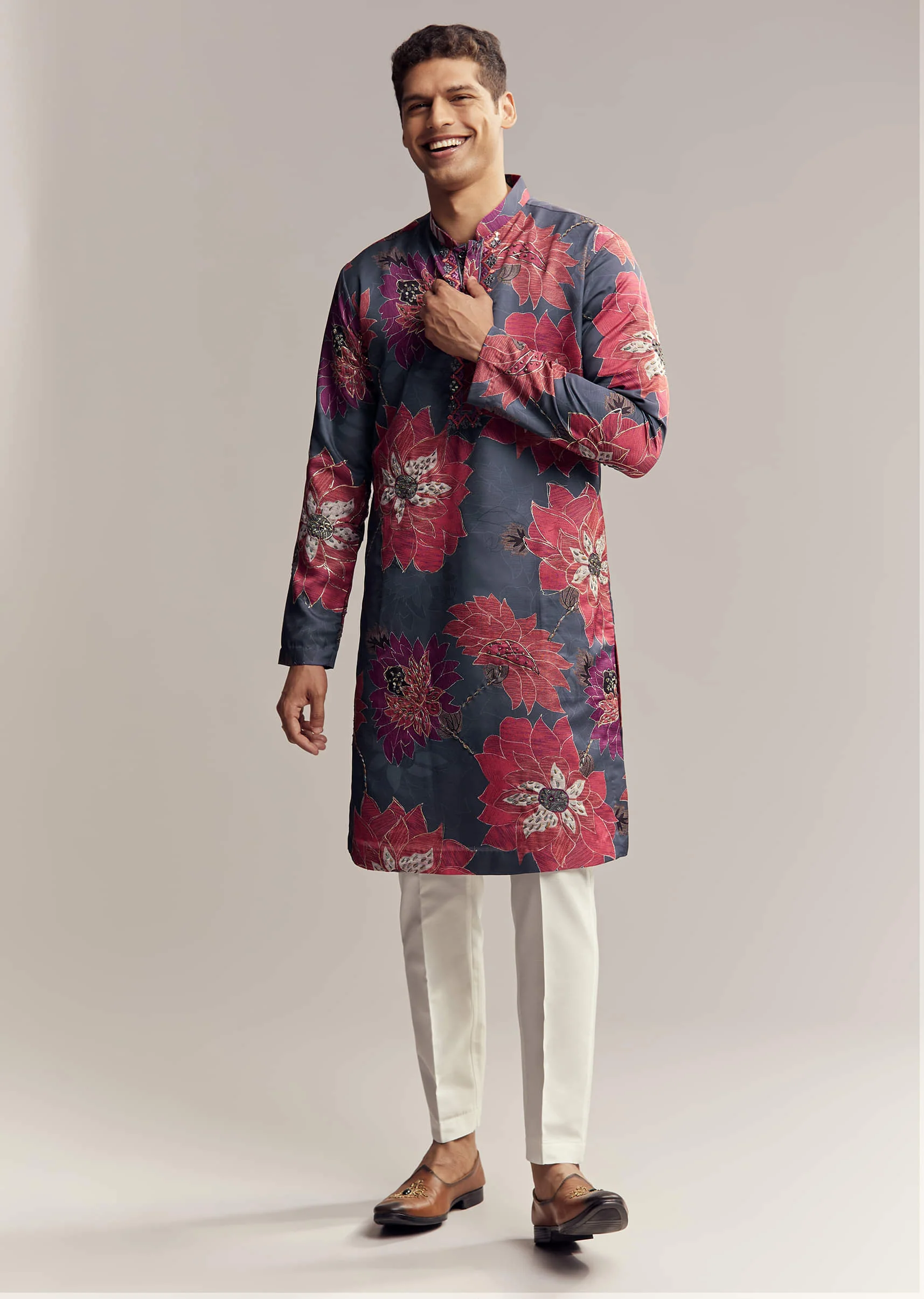 Blue Silk Kurta Set For Men With Floral Print - Image 3