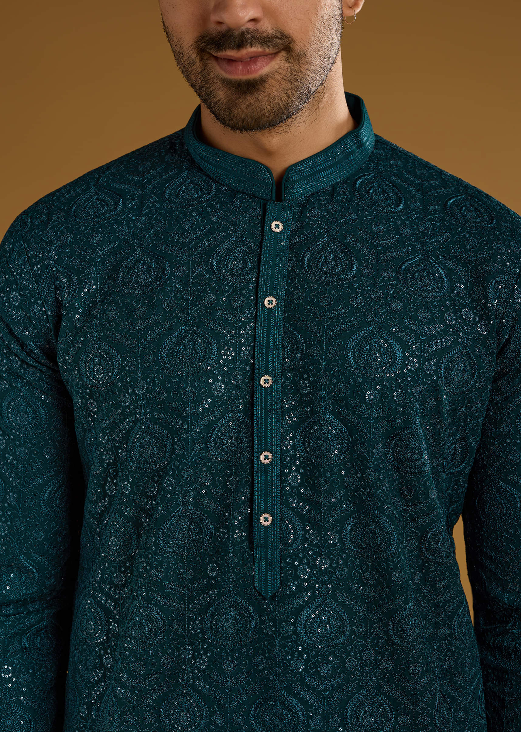 Blue Silk Kurta Set For Men With Minimal Hand Embroidery - Image 2