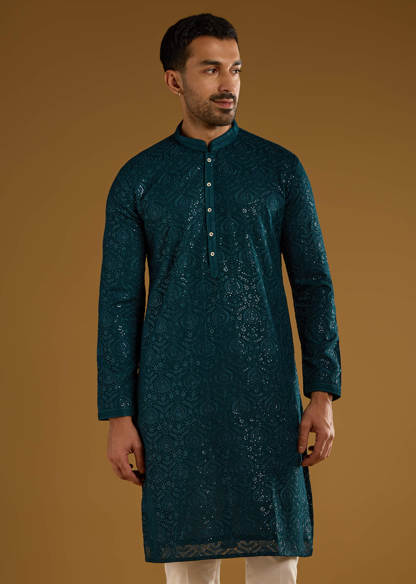Blue Silk Kurta Set For Men With Minimal Hand Embroidery - Image 3