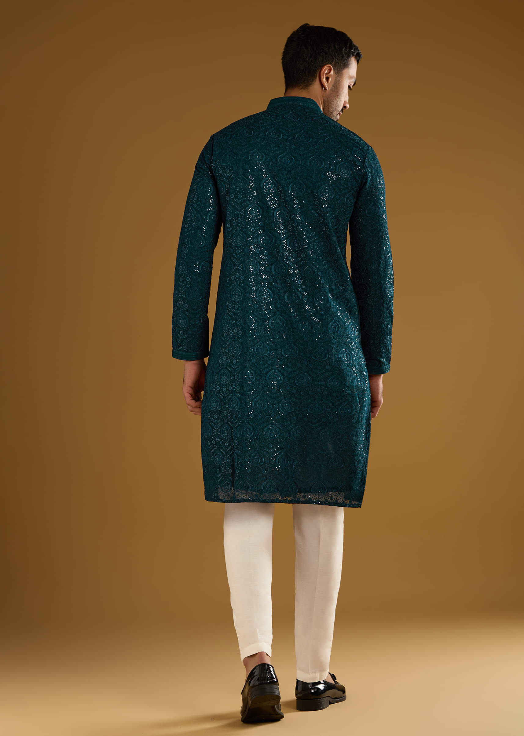 Blue Silk Kurta Set For Men With Minimal Hand Embroidery - Image 4