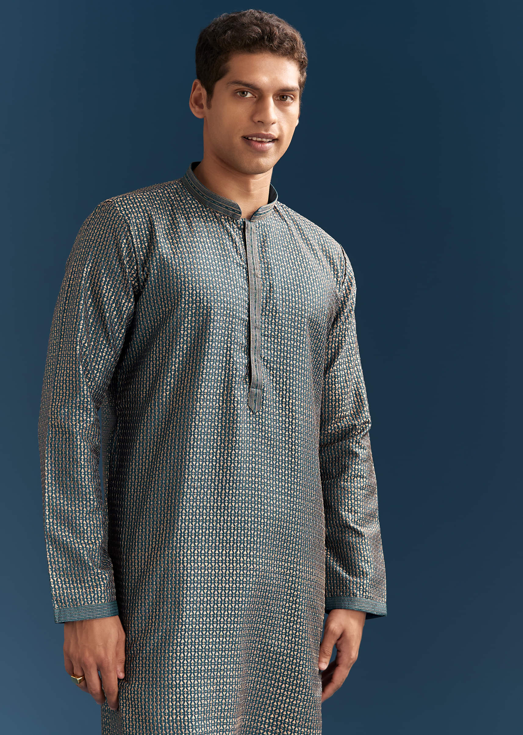 Blue Silk Textured Kurta Set For Men With Embroidery - Image 4
