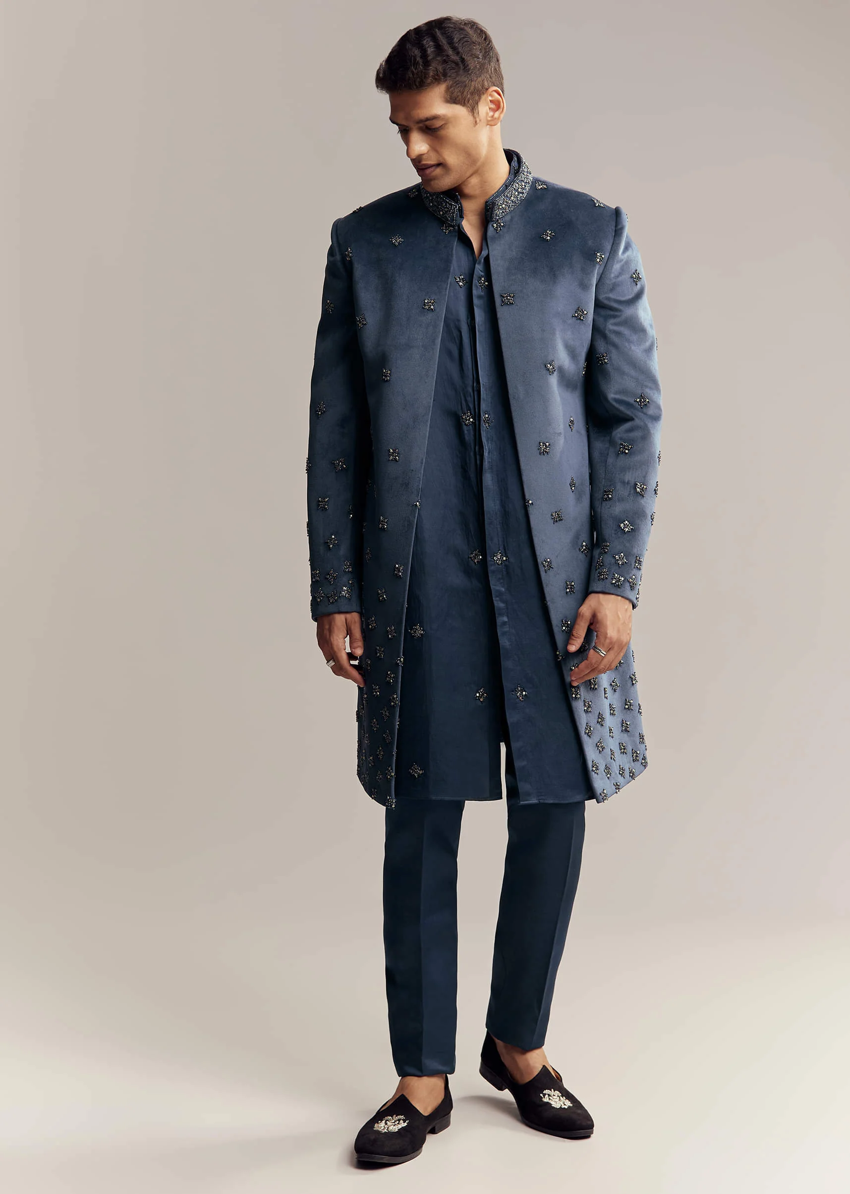 Blue Suede Indo Western For Men With Aari Embroidery - Image 3