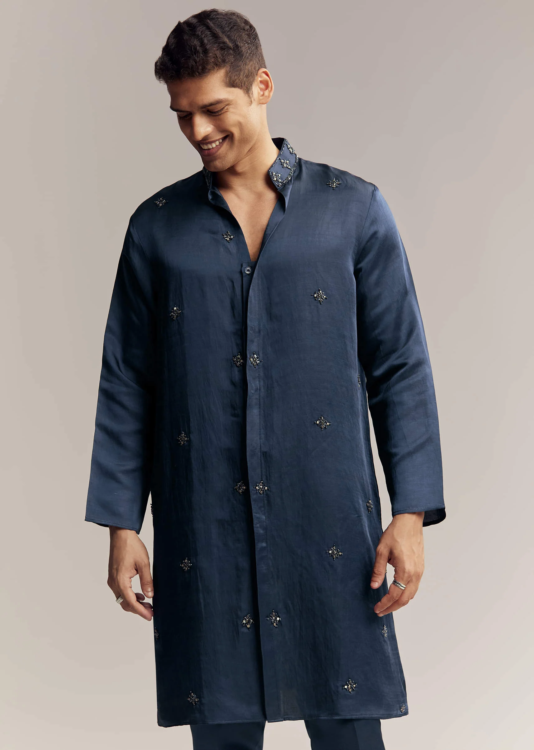 Blue Suede Indo Western For Men With Aari Embroidery - Image 6