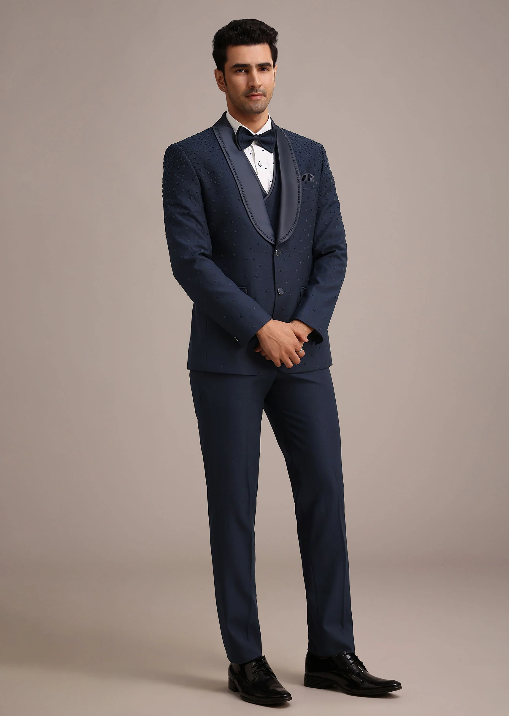 Blue Terry Rayon Tuxedo Set With Hand Work - Image 3