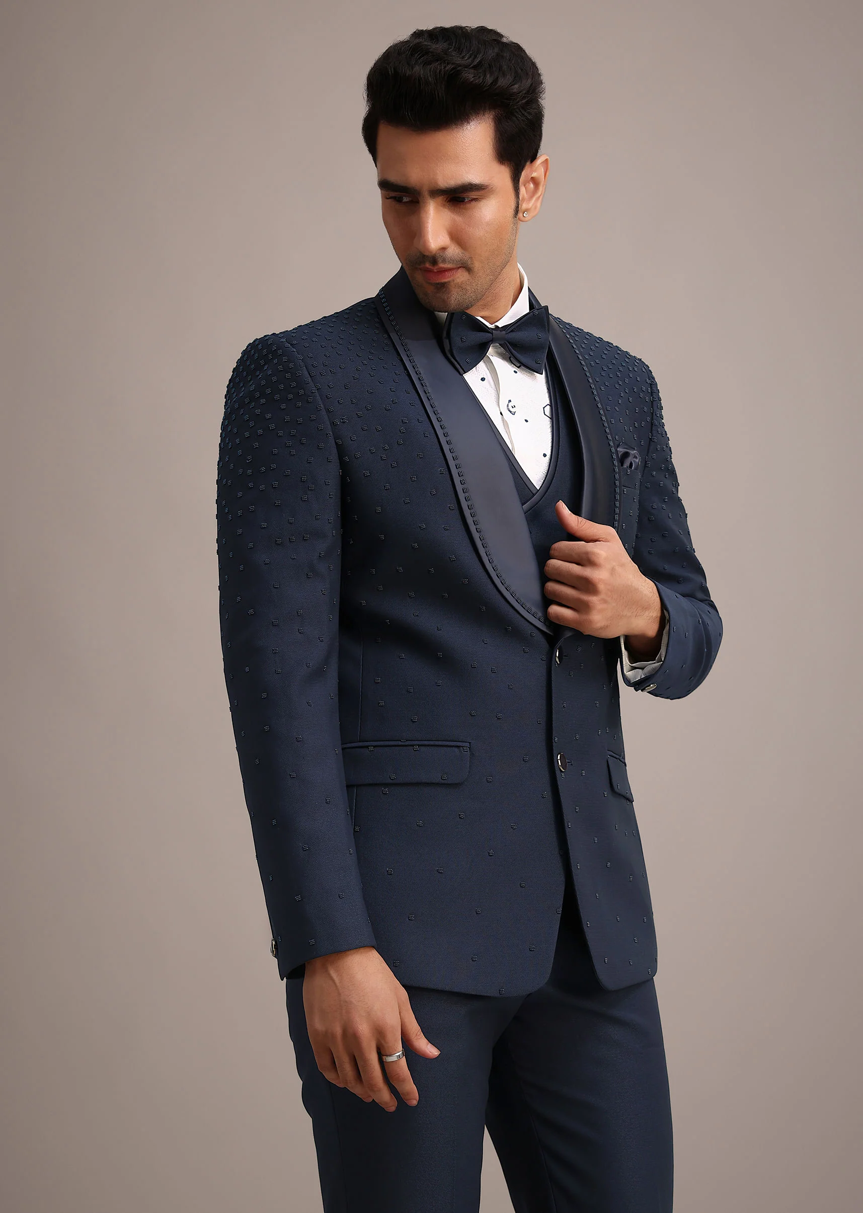 Blue Terry Rayon Tuxedo Set With Hand Work - Image 4