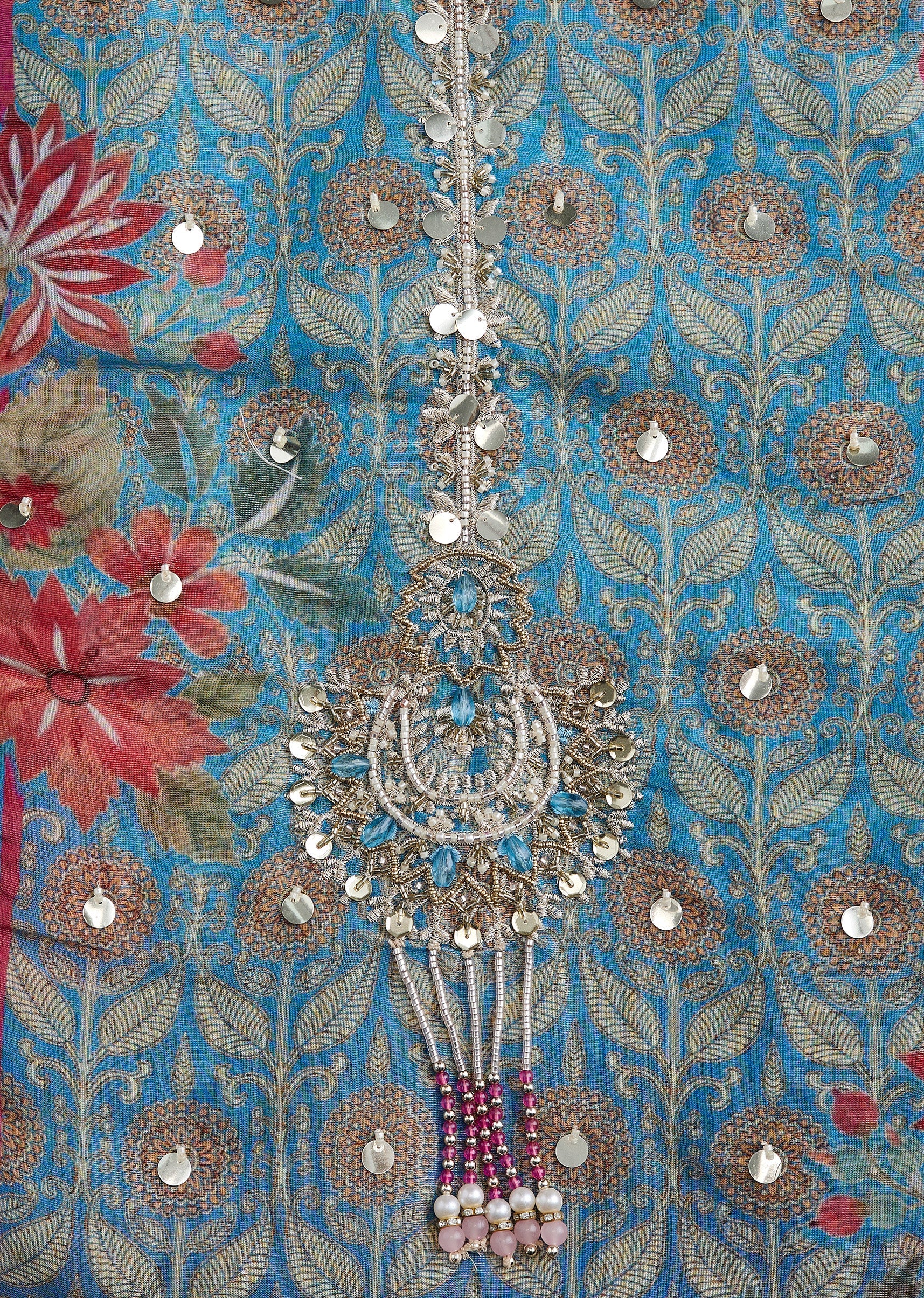 Blue Tissue Printed Unstitched Suit Set With Dupatta - Image 2