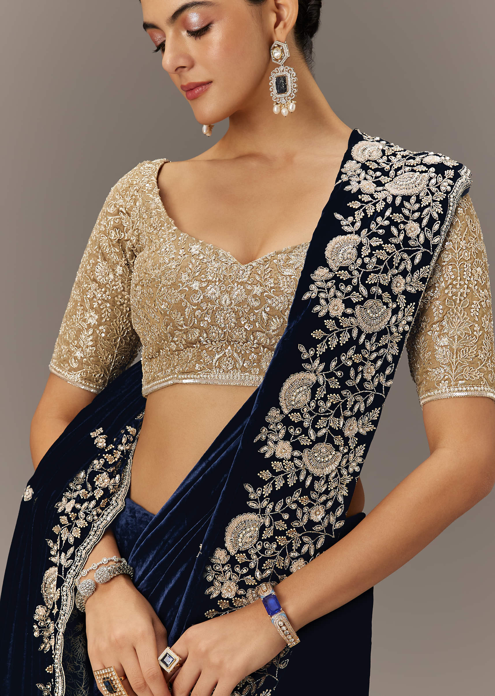 Blue Velvet Saree With Brocade Embroidered Blouse - Image 3