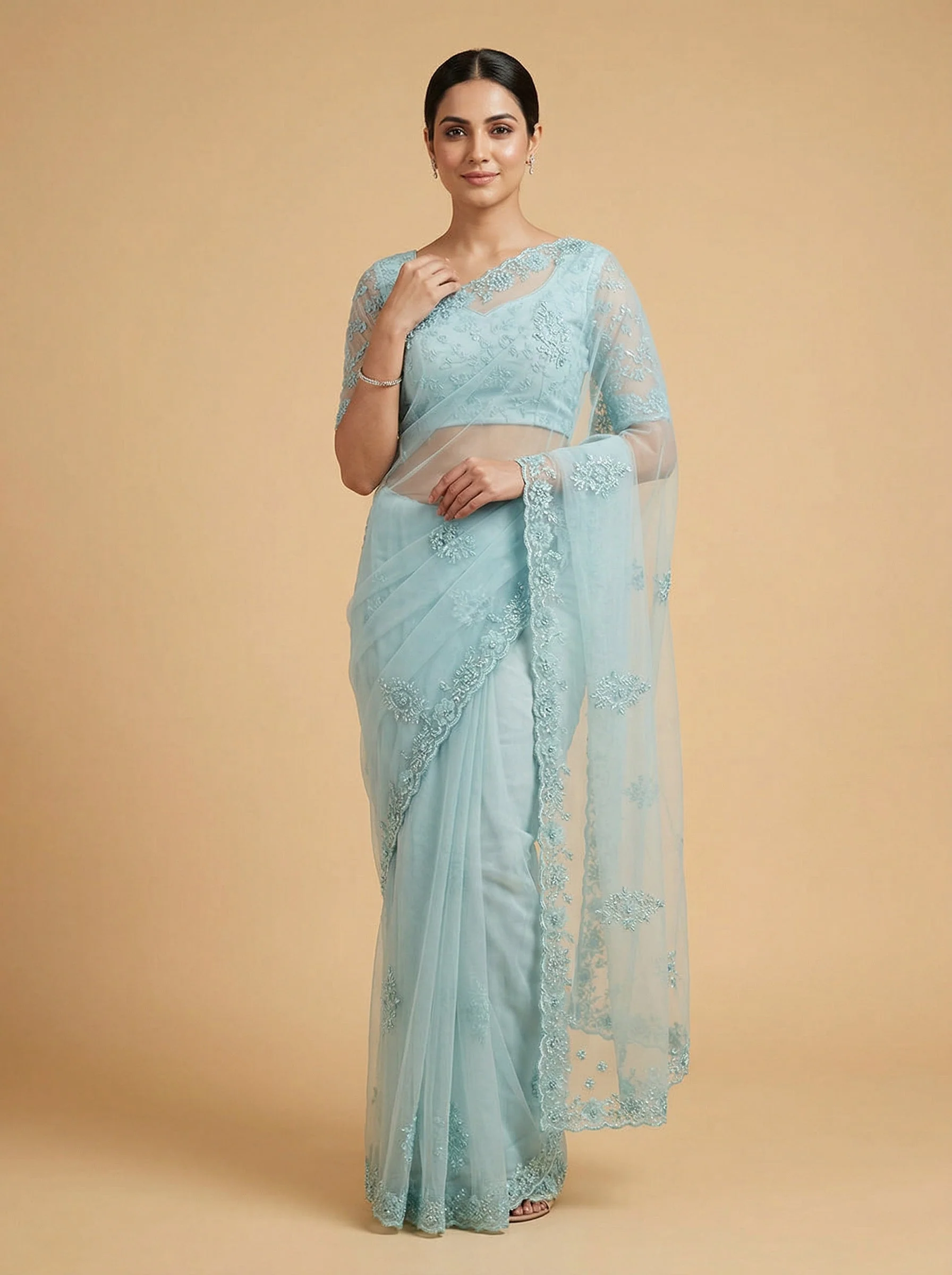 Blue White Harmony Embroidered Saree