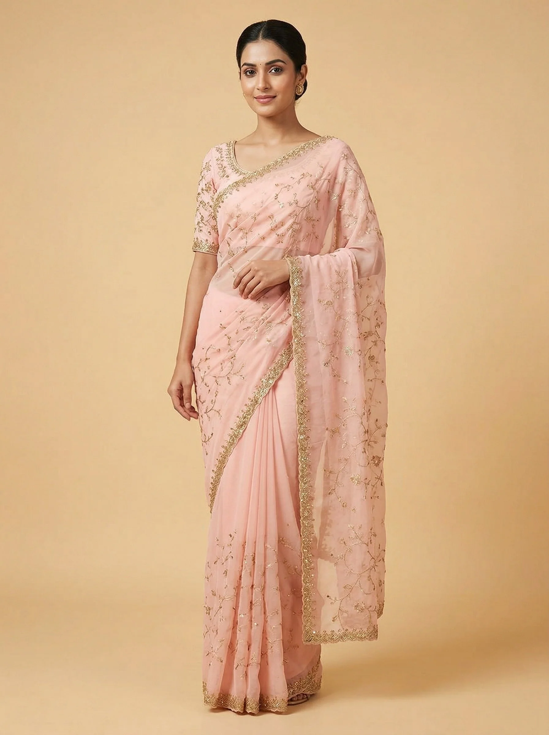 Blush Light Pink Embroidered Saree