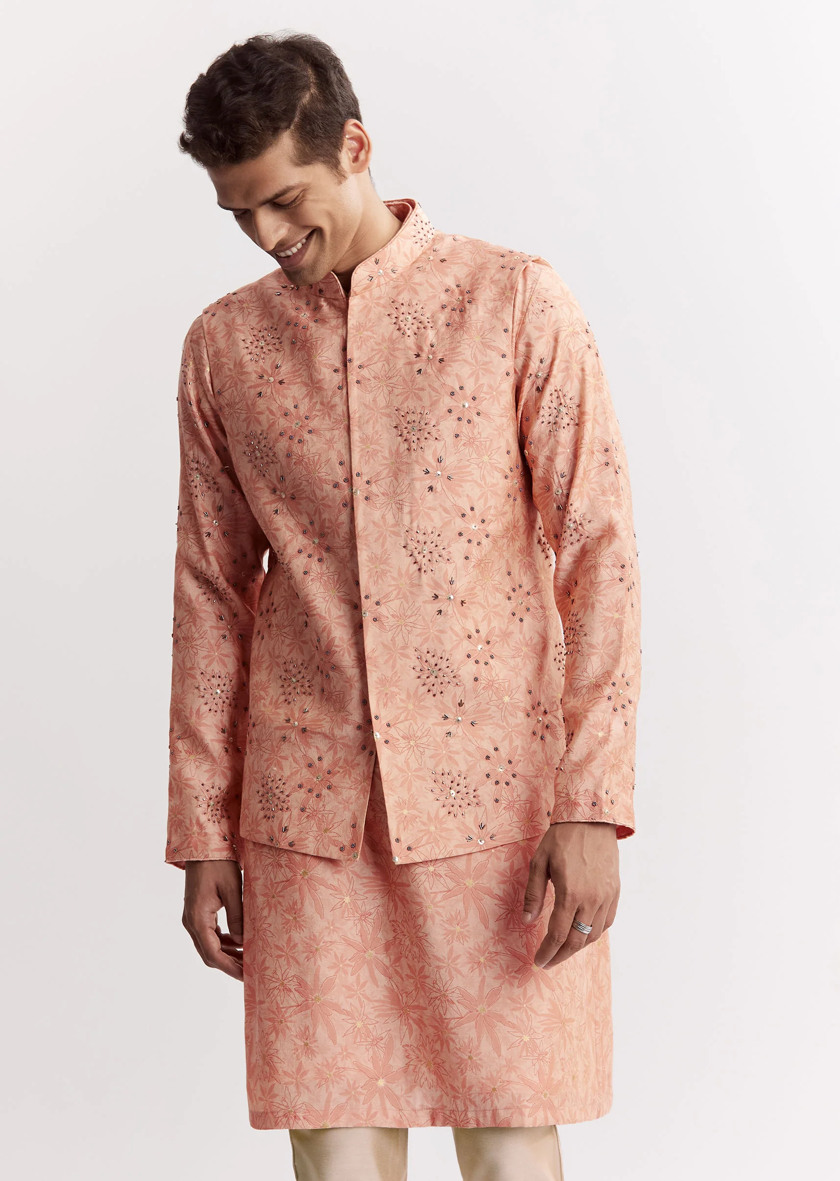 Blush Peach Silk Kurta Jacket Set With Sequins And Moti Detailing - Image 3
