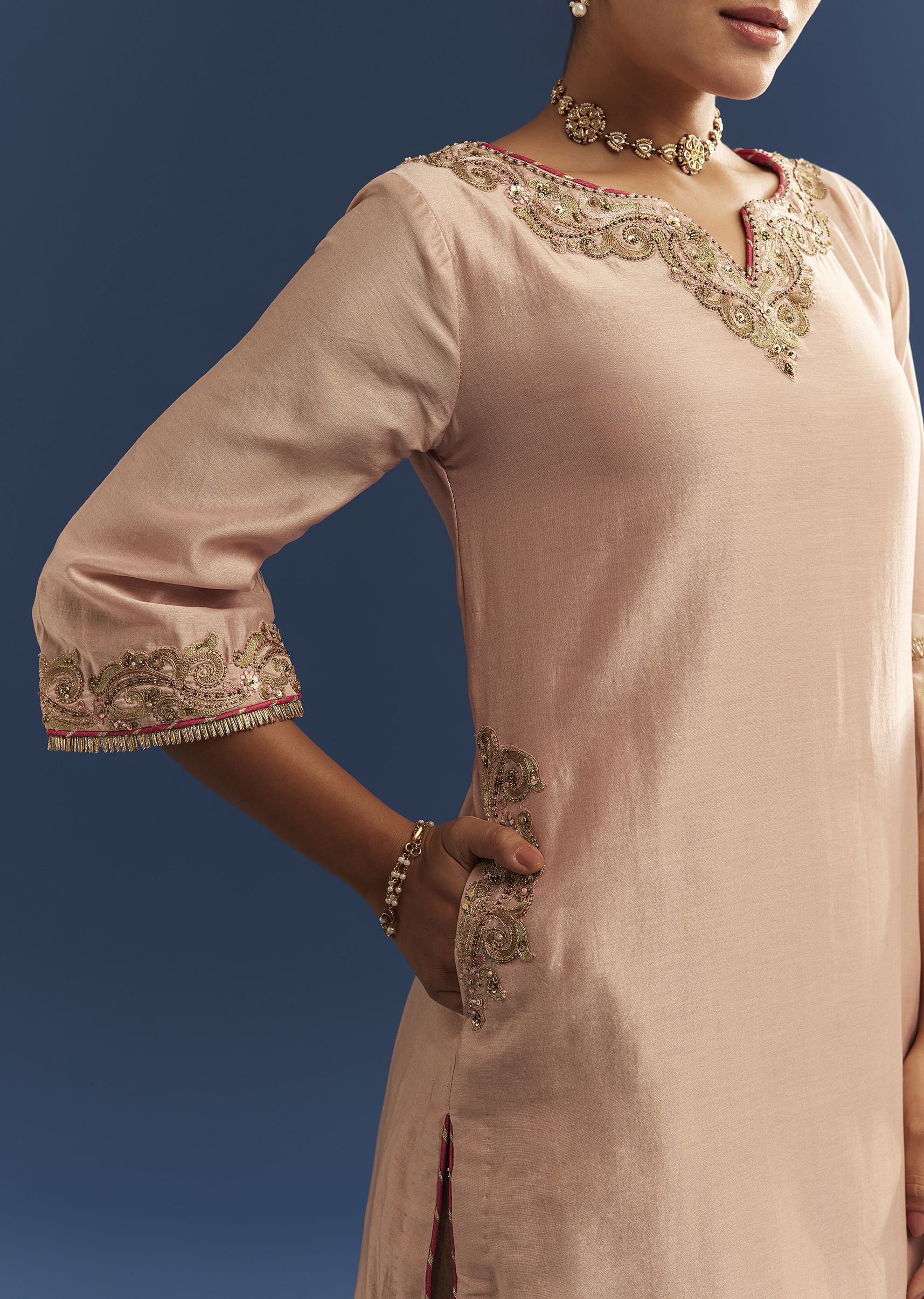 Blush Pink Chanderi Kurta Palazzo Set With Organza Dupatta - Image 4