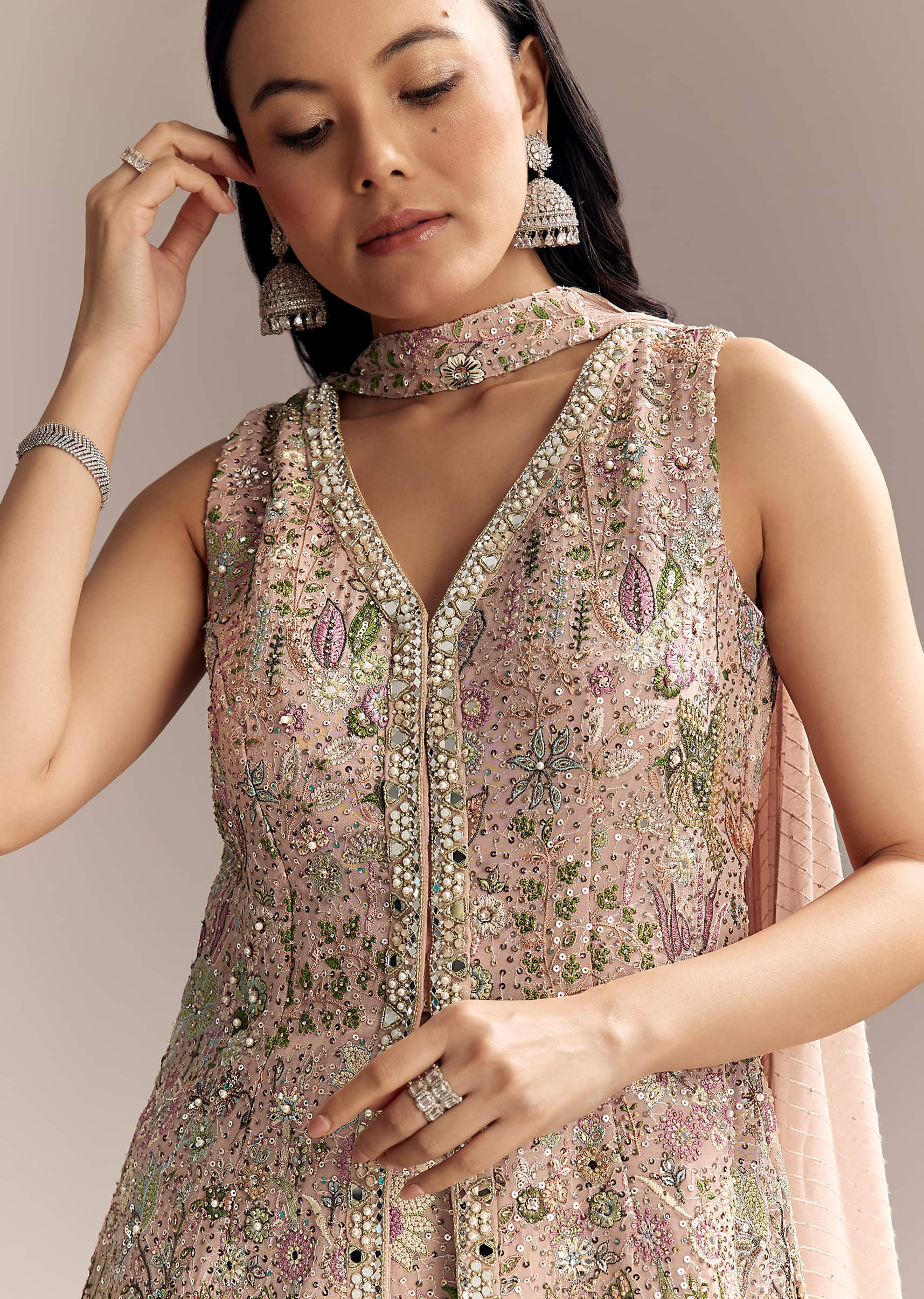 Blush Pink Georgette Palazzo Suit With Sequins And Resham Work - Image 2