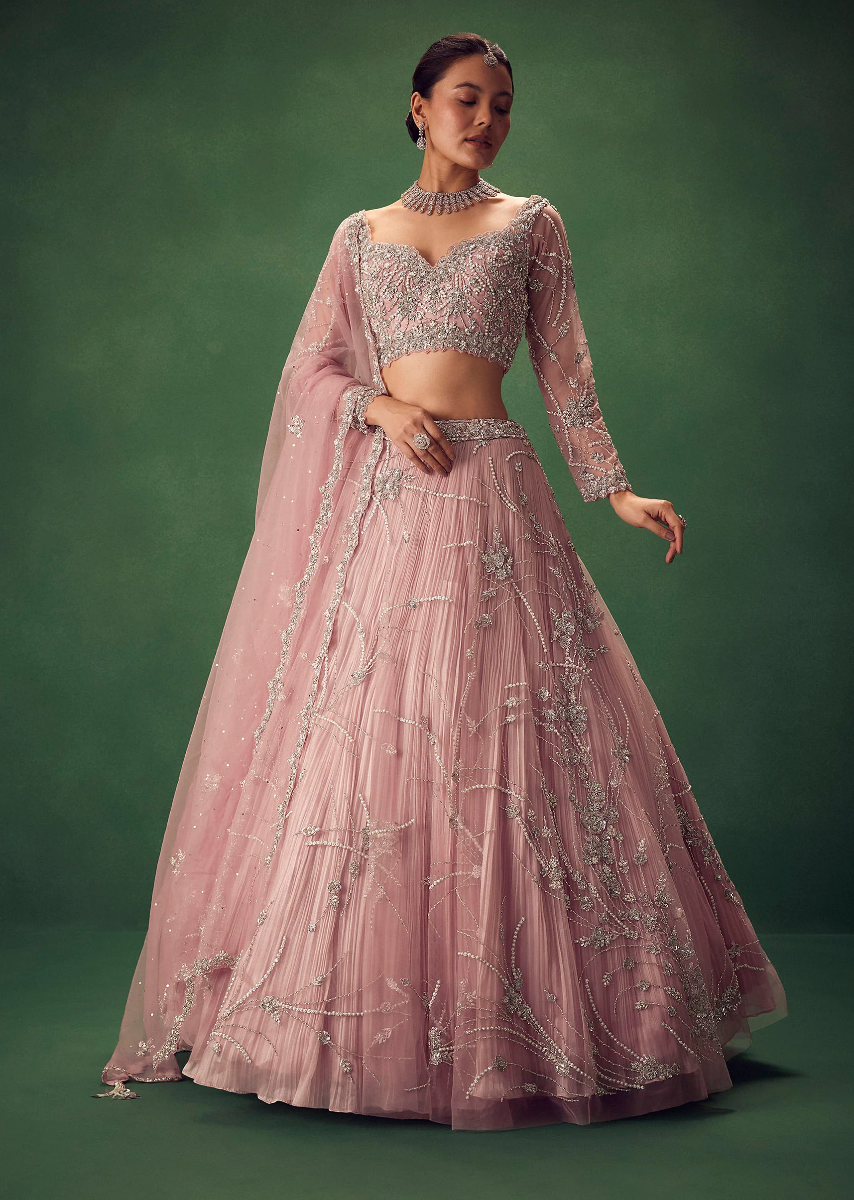 Blush Pink Hand Embroidered Lehenga Set - Image 5