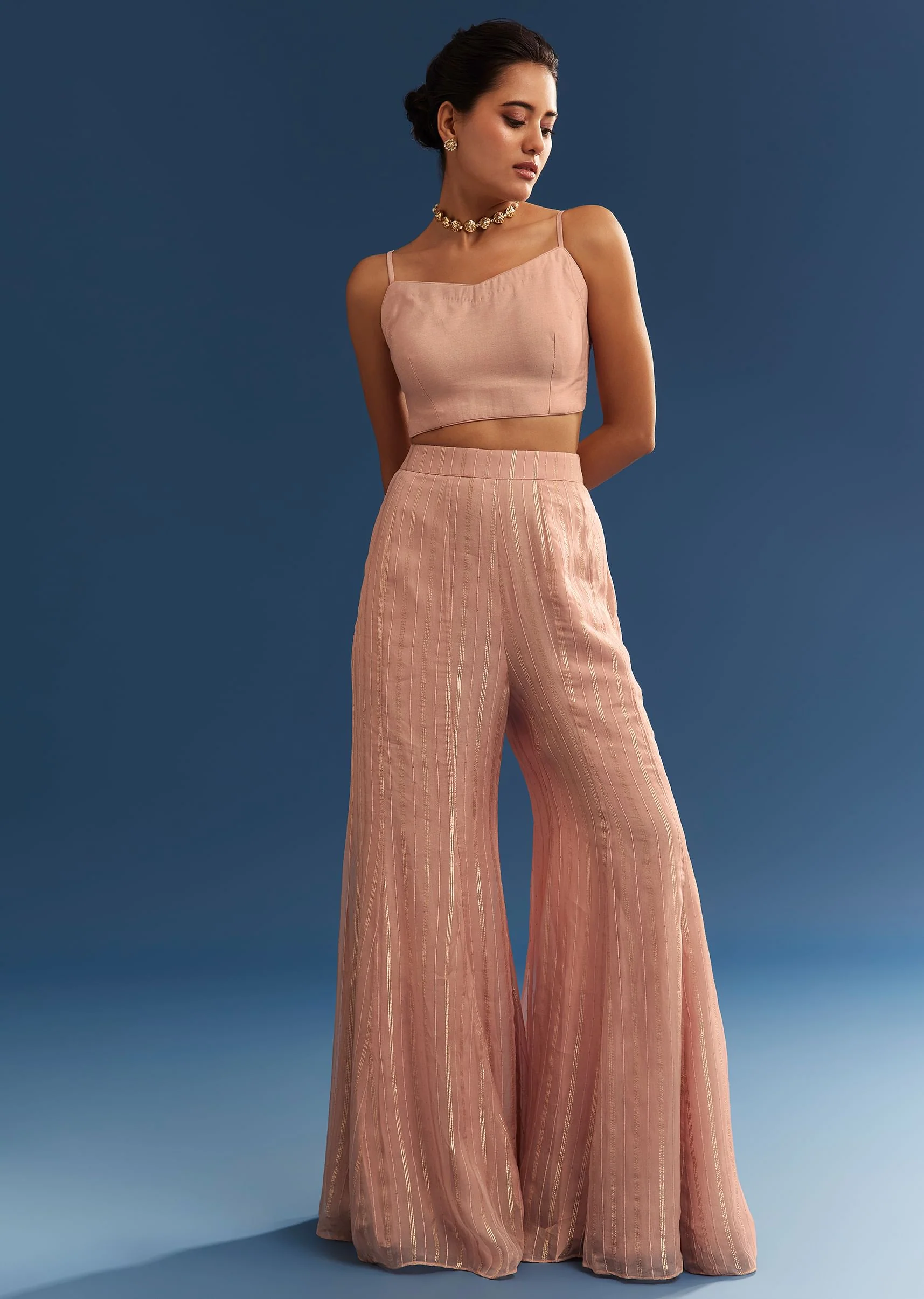 Blush Pink Organza Palazzo Set With Embroidered Kurta - Image 3