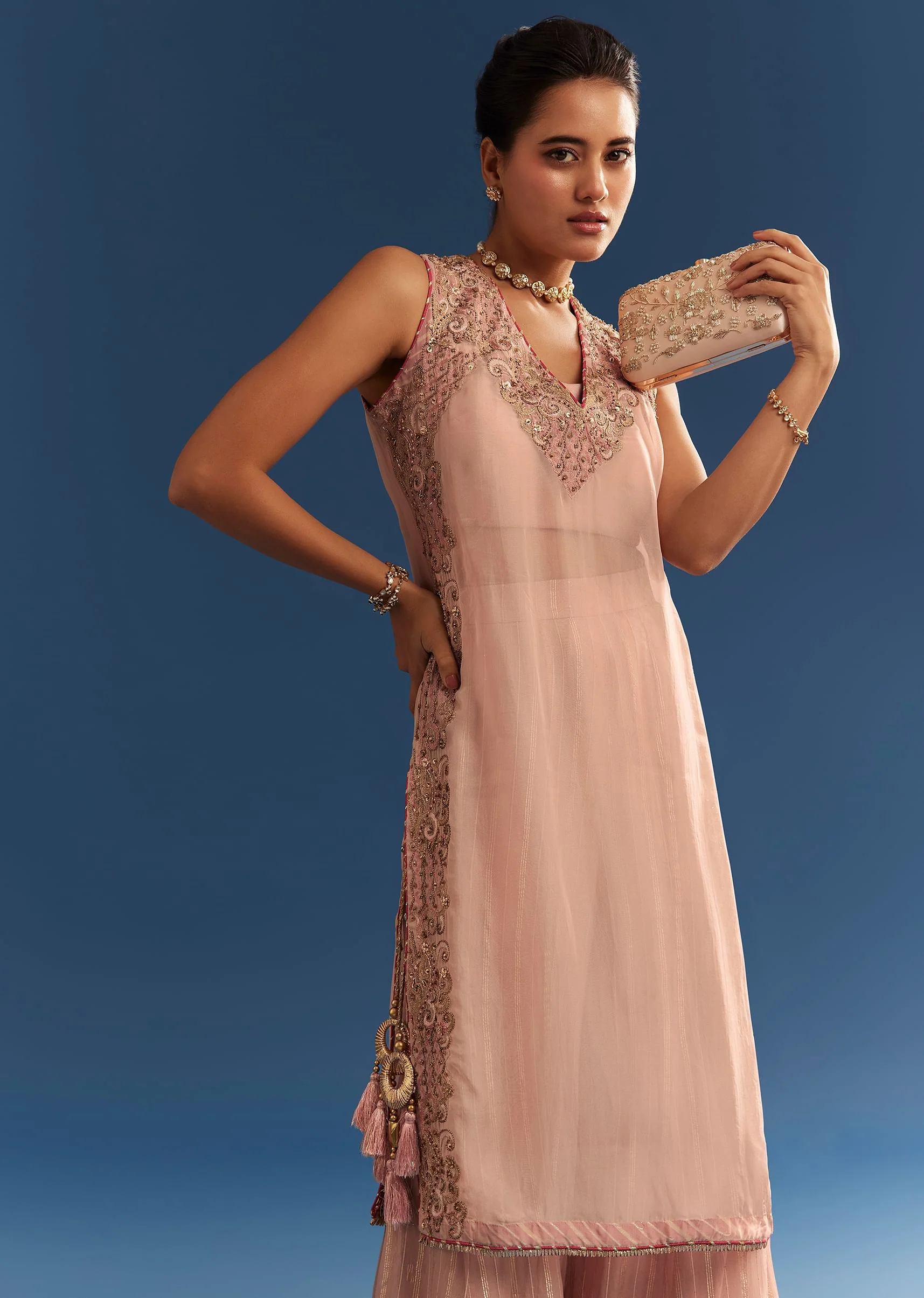 Blush Pink Organza Palazzo Set With Embroidered Kurta - Image 4