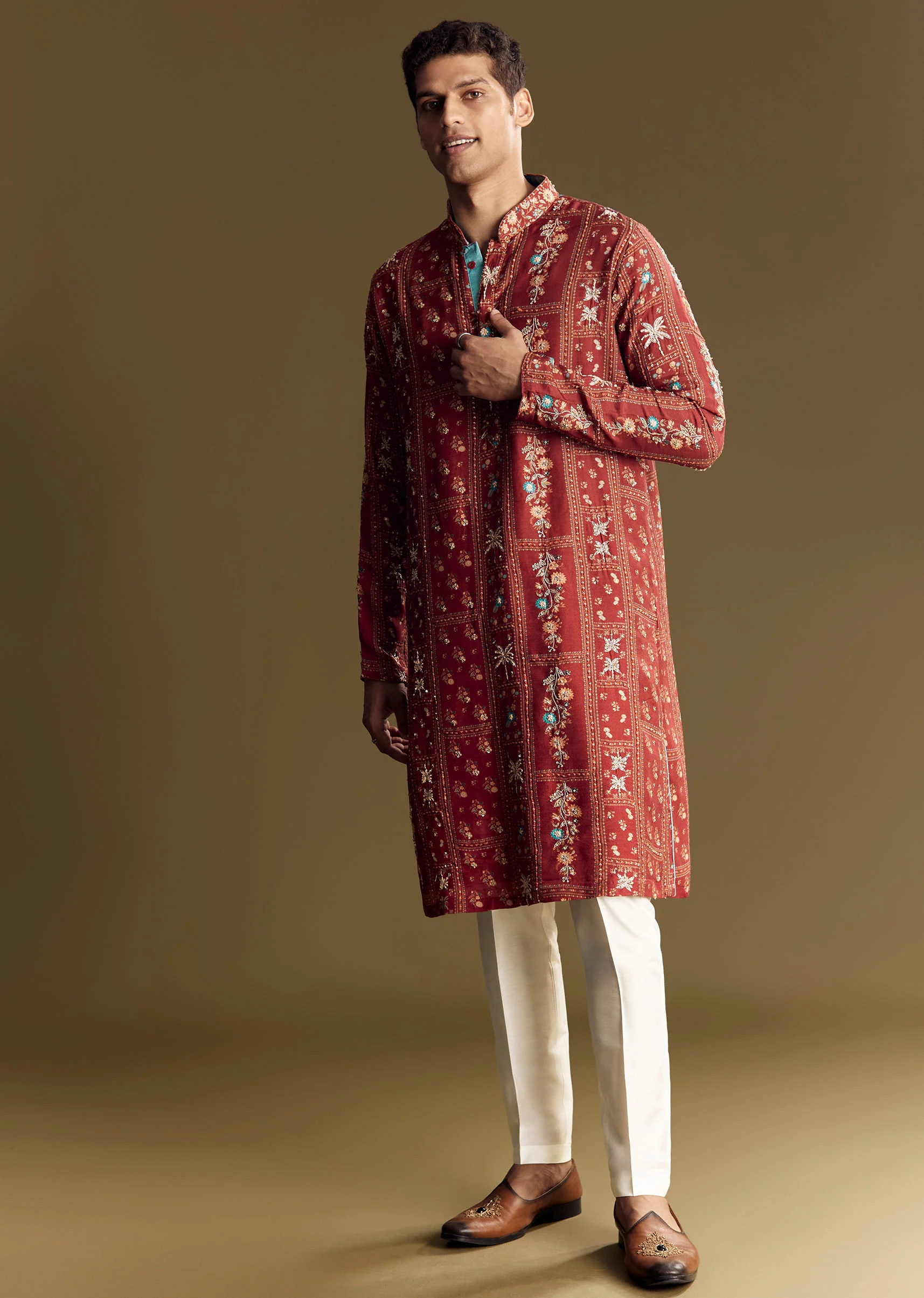 Bold Red Silk Kurta Set With Handcrafted Thread And Sequin Embellishments - Image 4