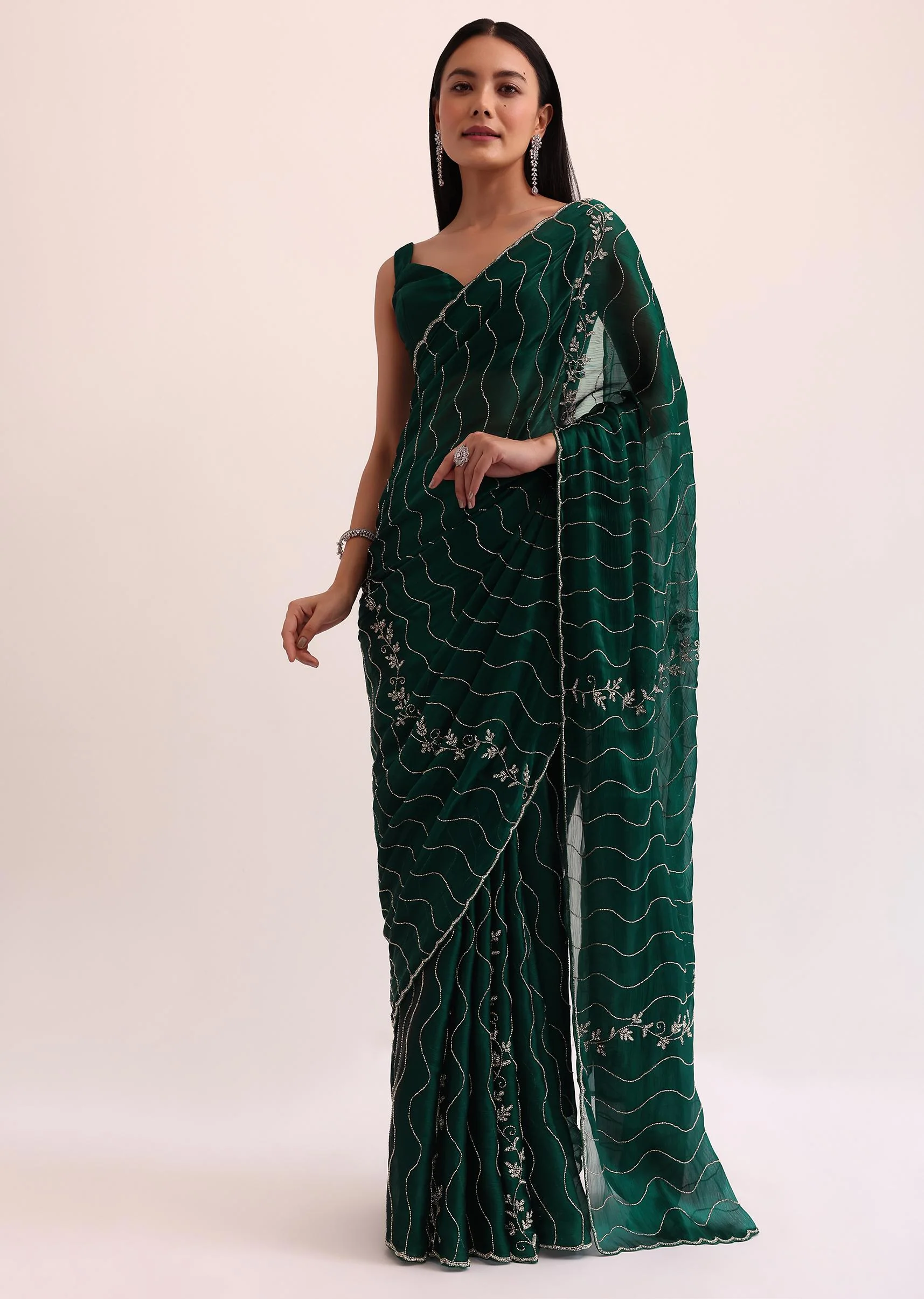 Bottle Green Chinon Saree With Cut Dana Embroidery And Unstitched Blouse - Image 3