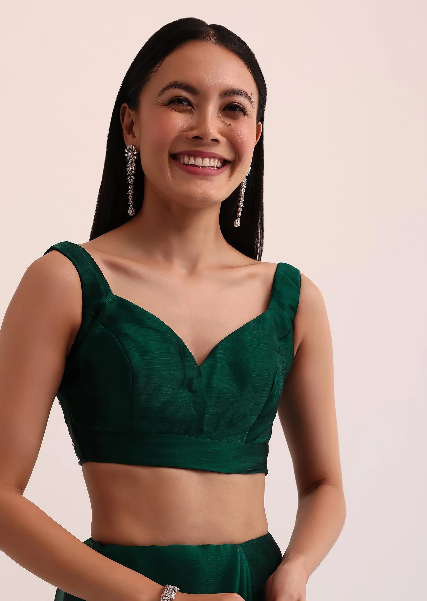 Bottle Green Chinon Saree With Cut Dana Embroidery And Unstitched Blouse - Image 7