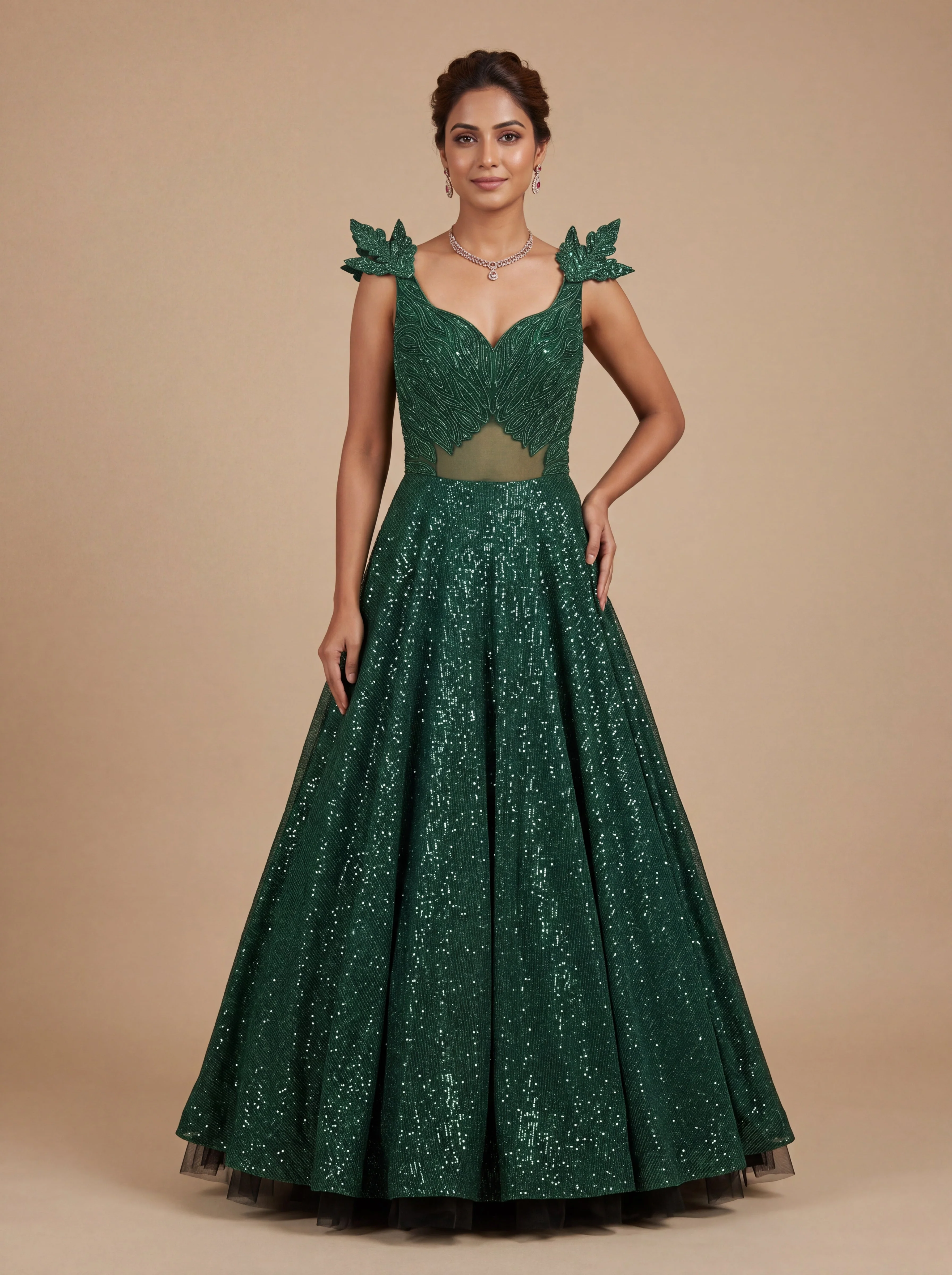 Bottle Green Contemporary Gown With Sleek Fit Flared Hem