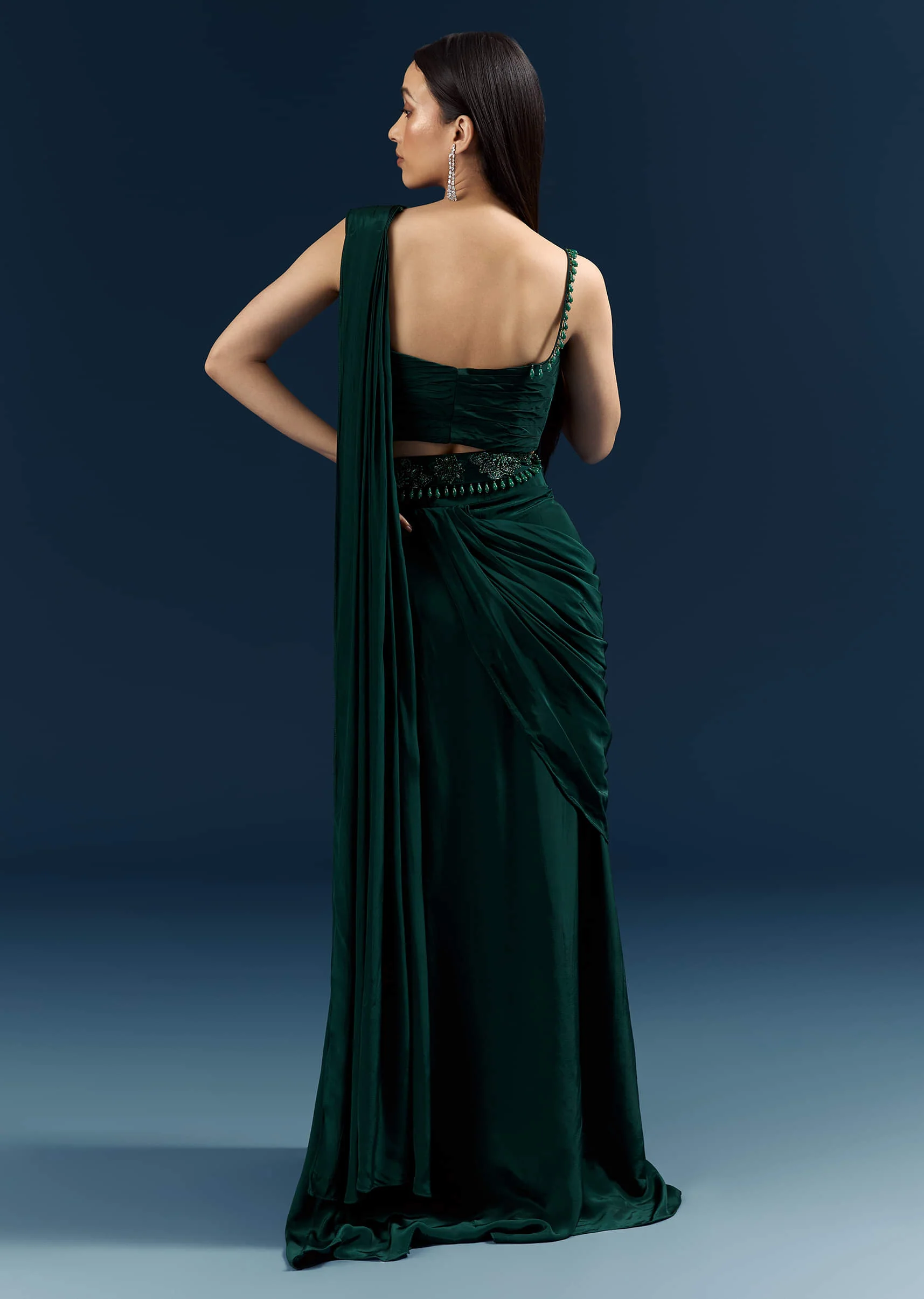 Bottle Green Crepe Ready Pleated Saree With Heavy Embroidery - Image 6