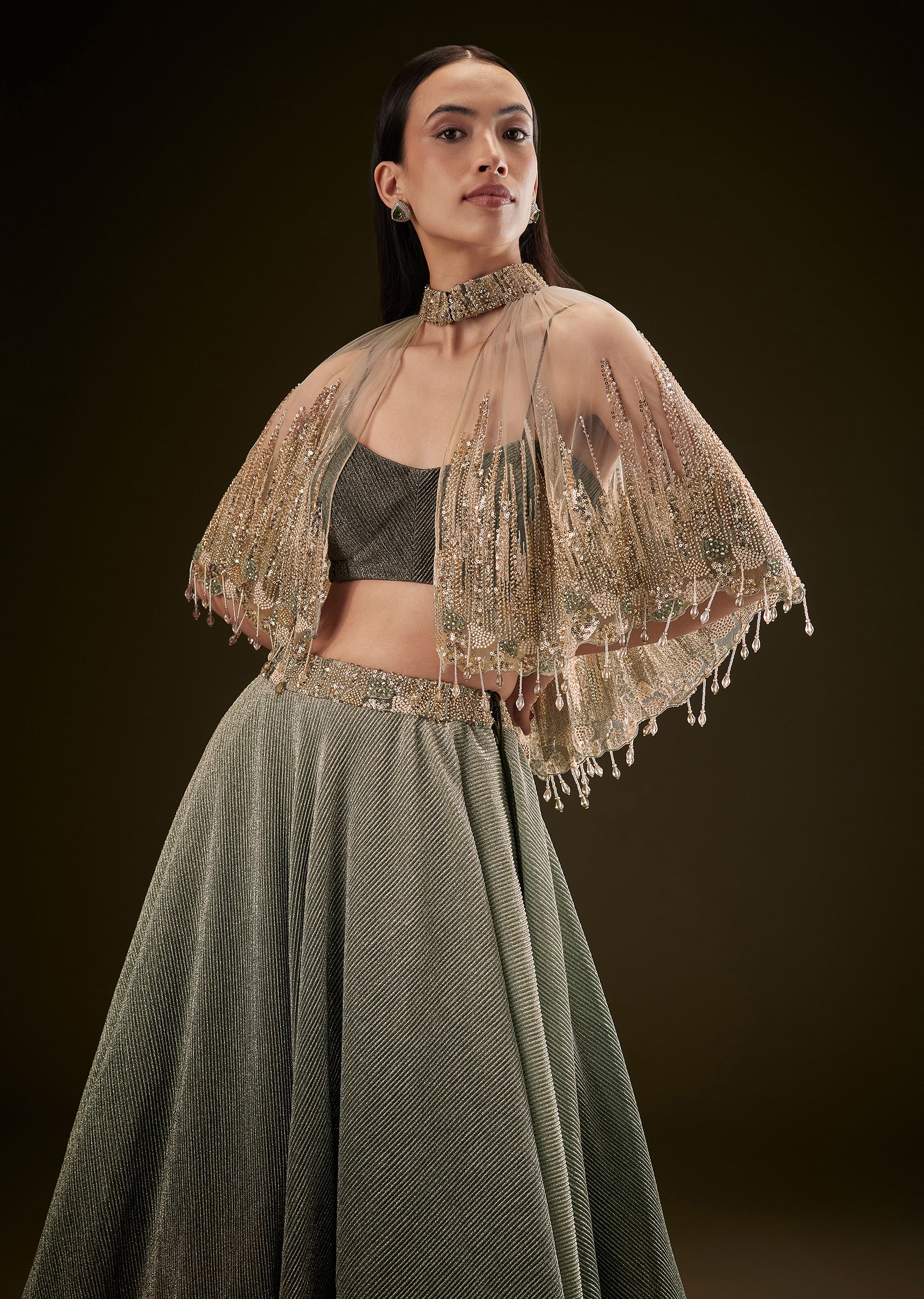 Bottle Green Crush Lehenga With Choker Style Cape - Image 2