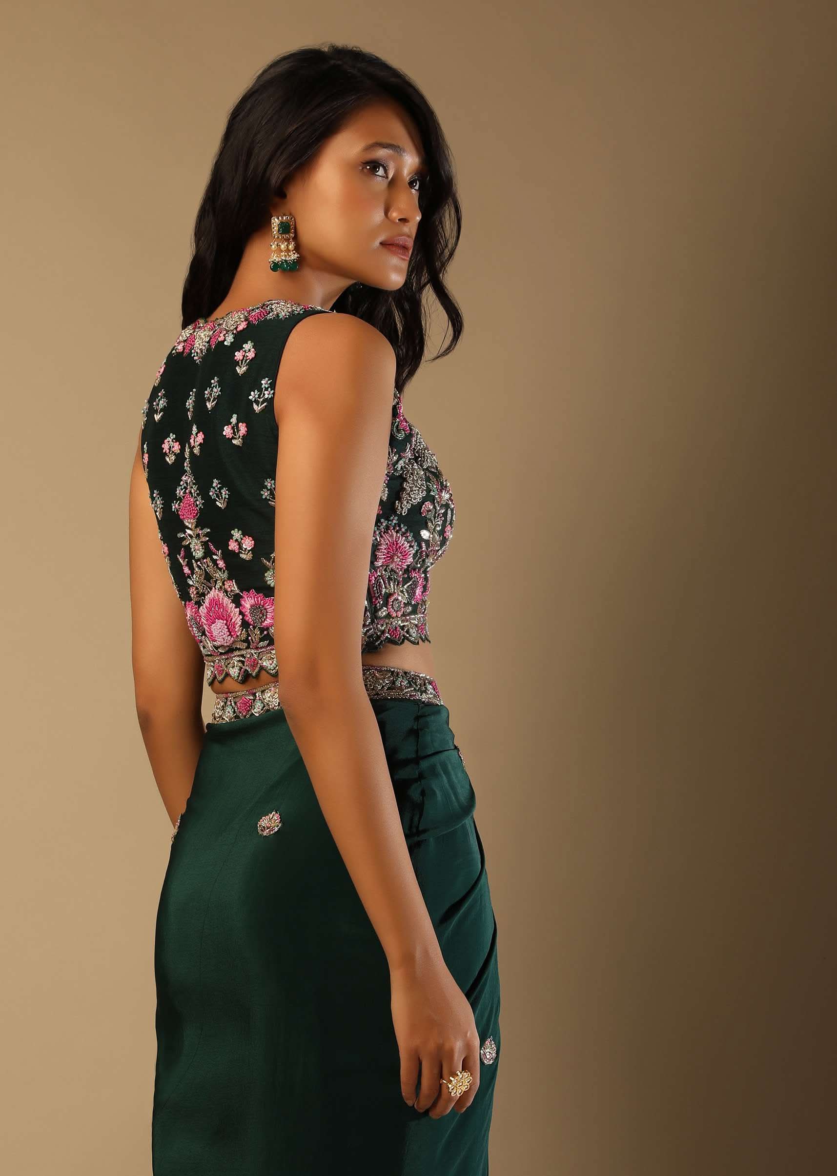 Bottle Green Dhoti Skirt And Choli With Multi Colored Hand Embroidery In Floral Motifs - Image 4
