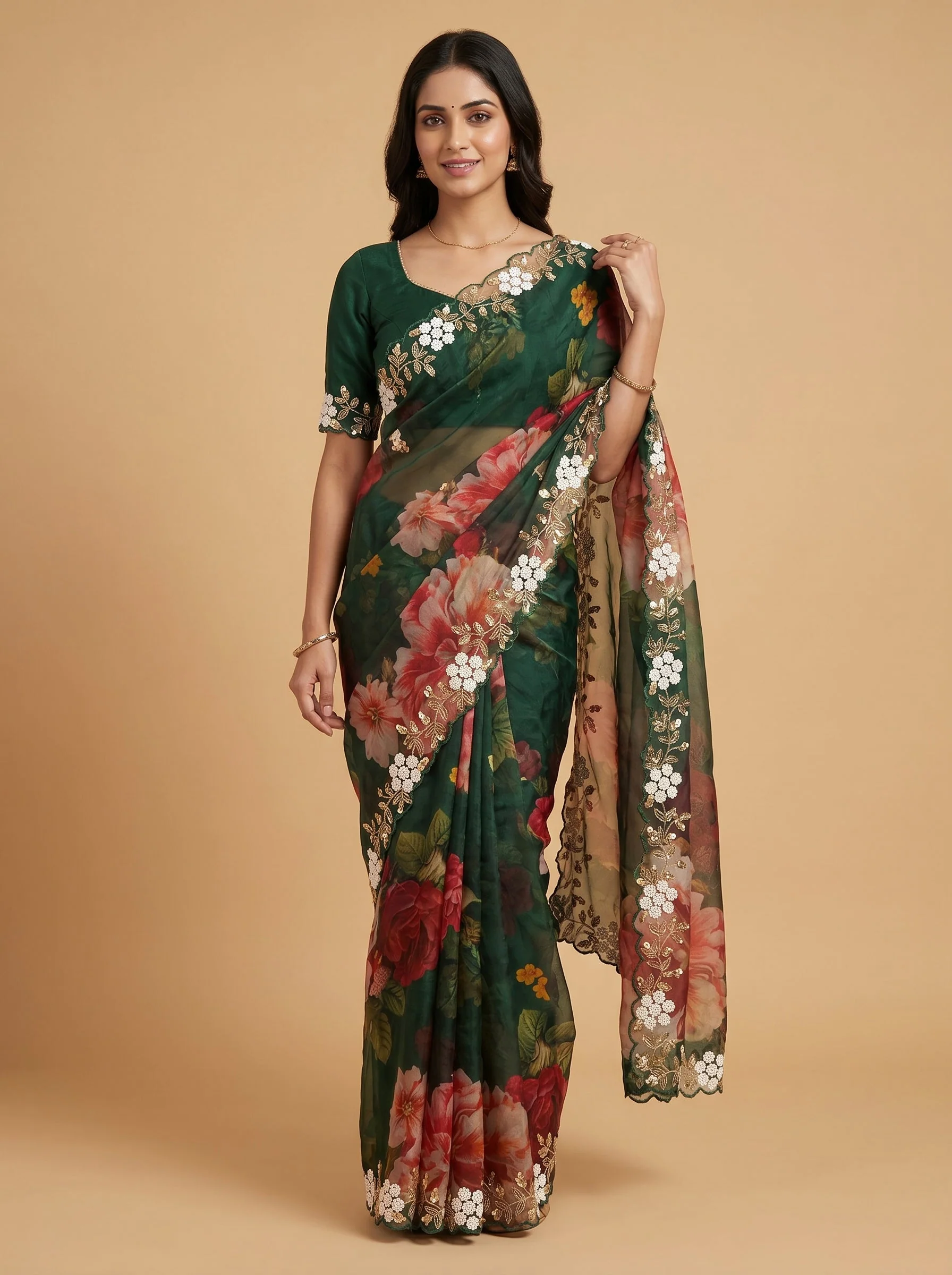 Bottle Green Flourishing Printed Saree