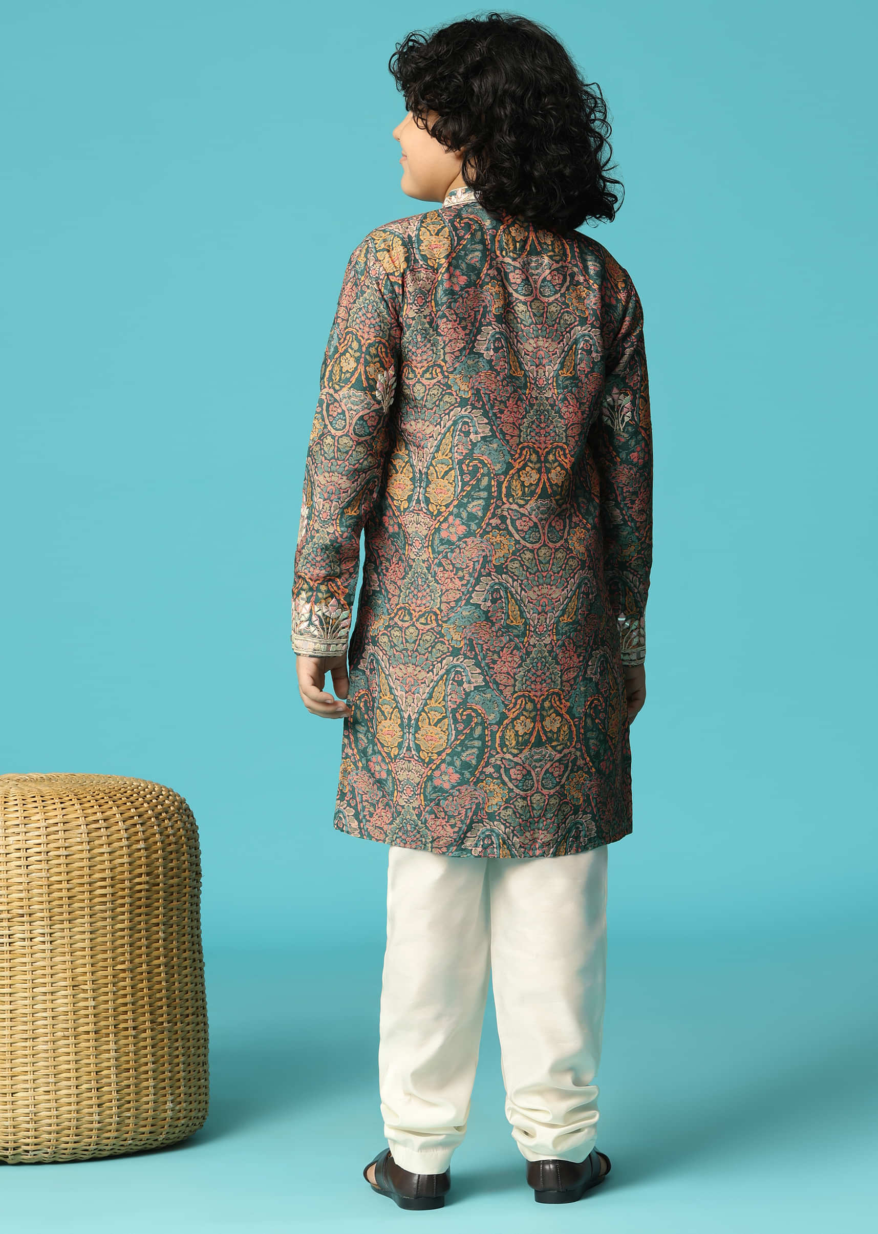 Bottle Green Kurta Pant With Resham Work For Boys - Image 6