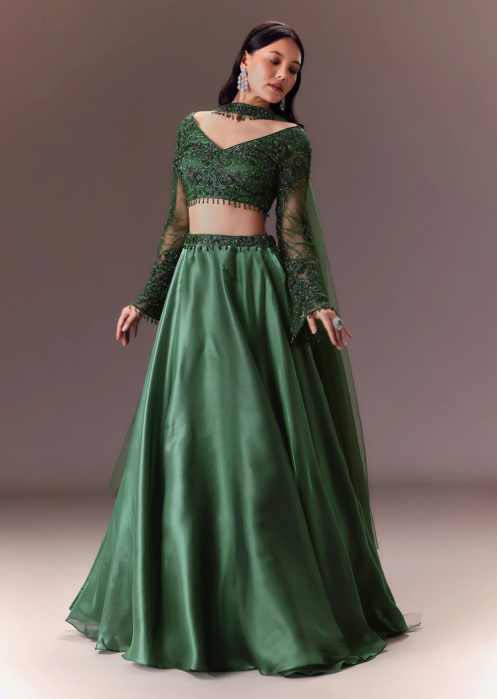 Bottle Green Organza Lehenga Set With Hand Work - Image 3