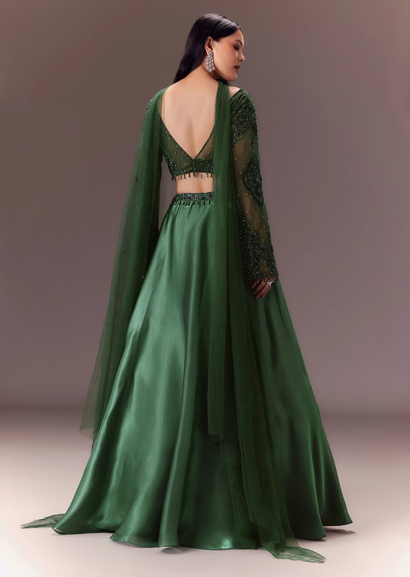 Bottle Green Organza Lehenga Set With Hand Work - Image 5