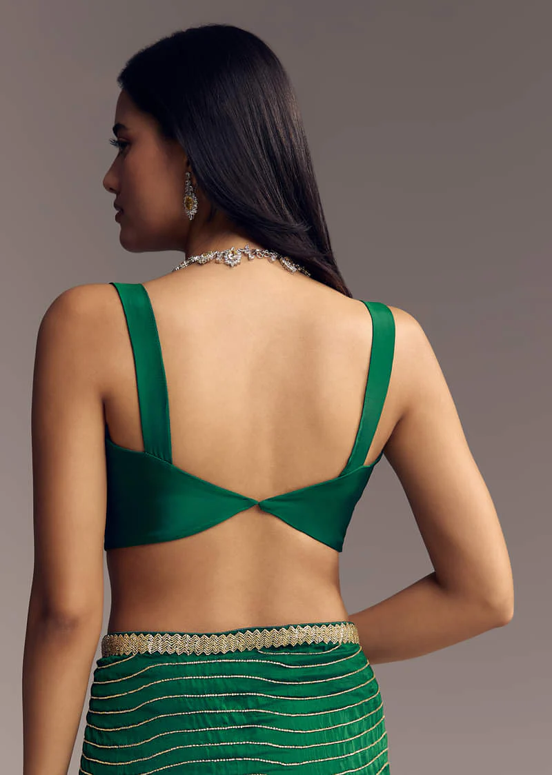 Bottle Green Organza Saree With Scalloped Cut Dana Detailing - Image 8